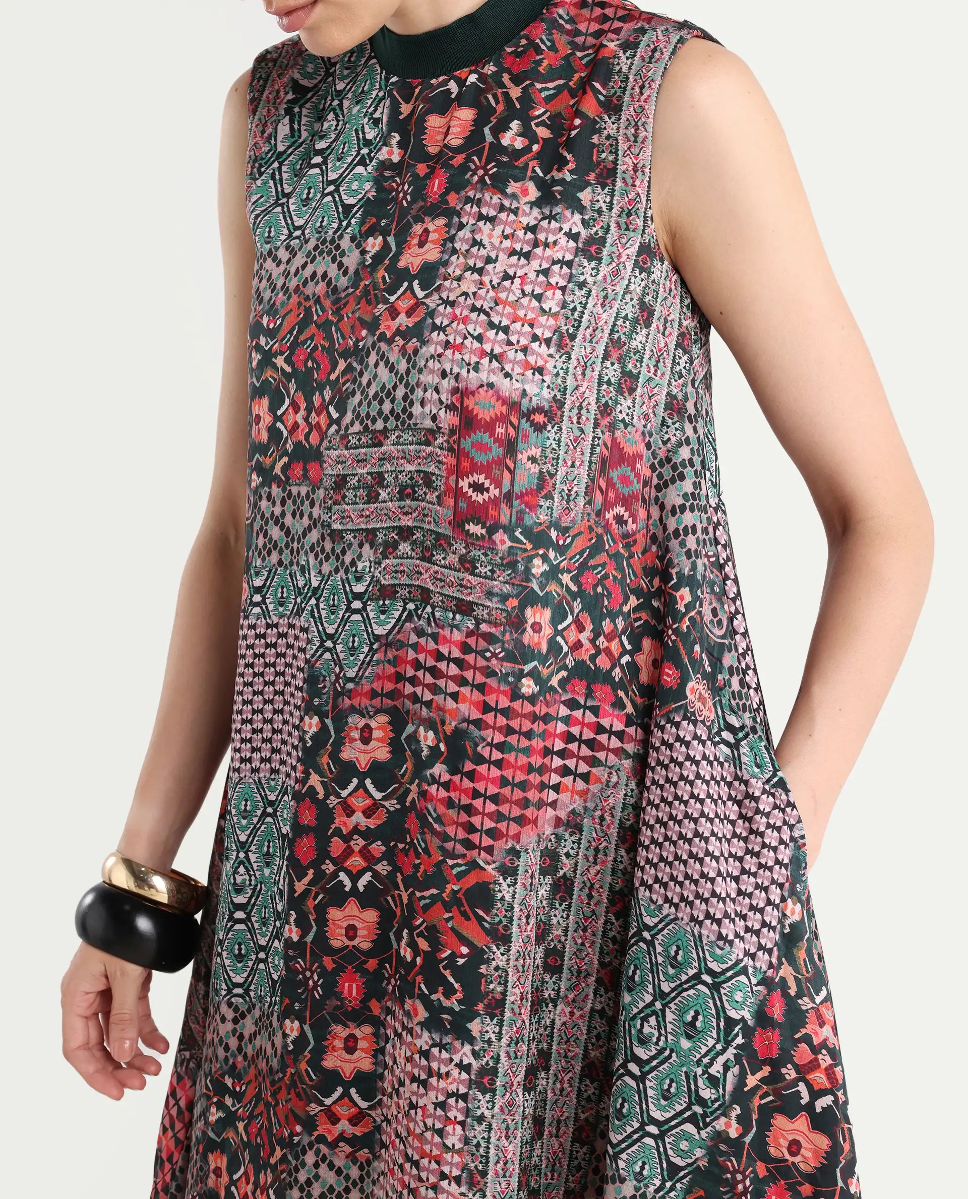 Rareism Women's Baden Dark Multi Satin Turtle Neck Abstract Print Sleeveless Knee Length Flared Dress