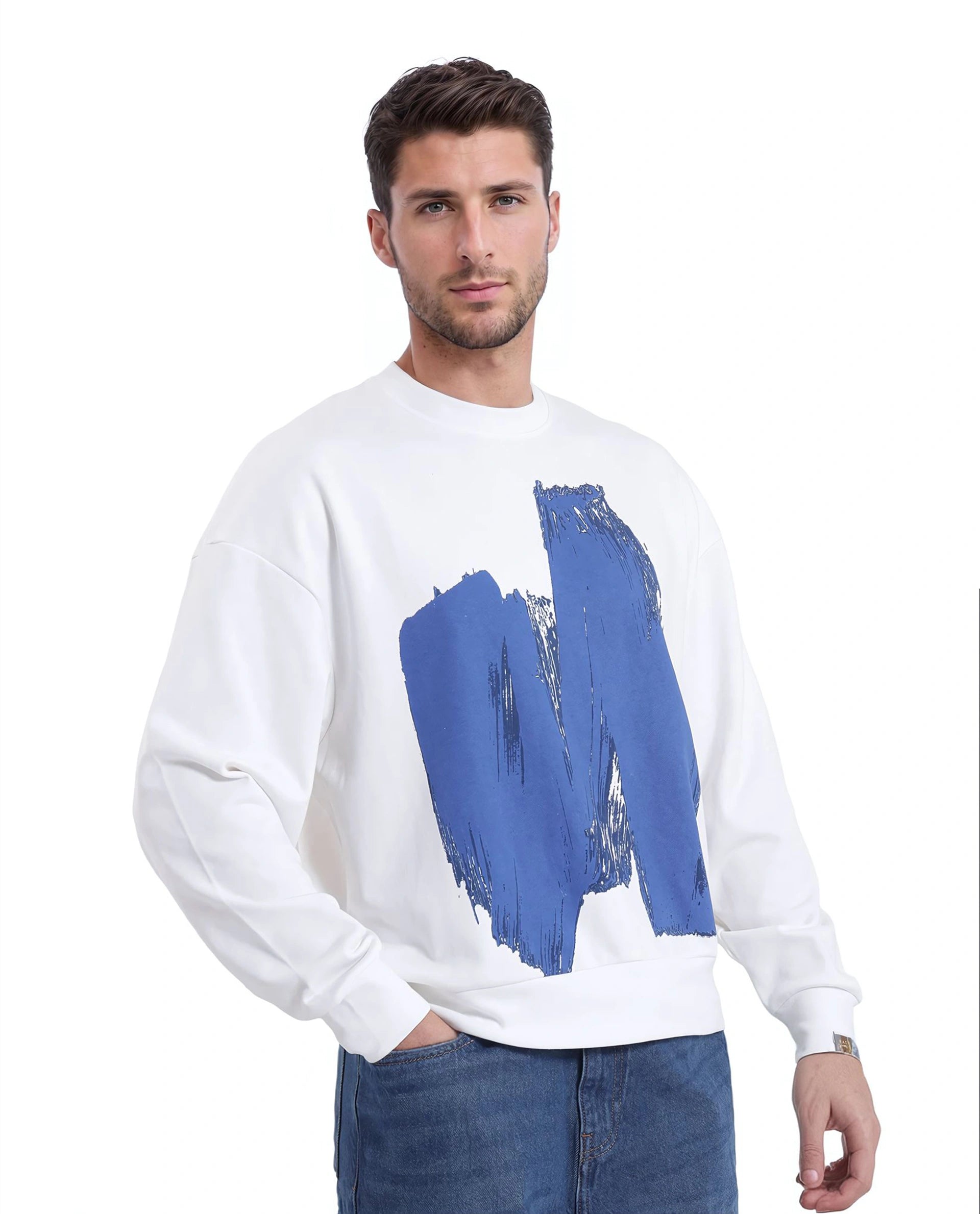 Rare Rabbit Men Bade Off White Cotton Polyester Fabric Full Sleeve Crew Neck Boxy Fit Printed Sweatshirt