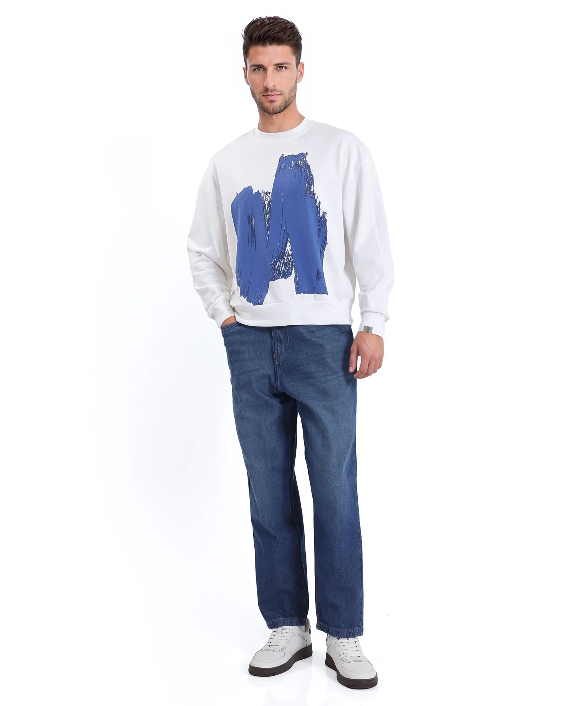 Rare Rabbit Men Bade Off White Cotton Polyester Fabric Full Sleeve Crew Neck Boxy Fit Printed Sweatshirt