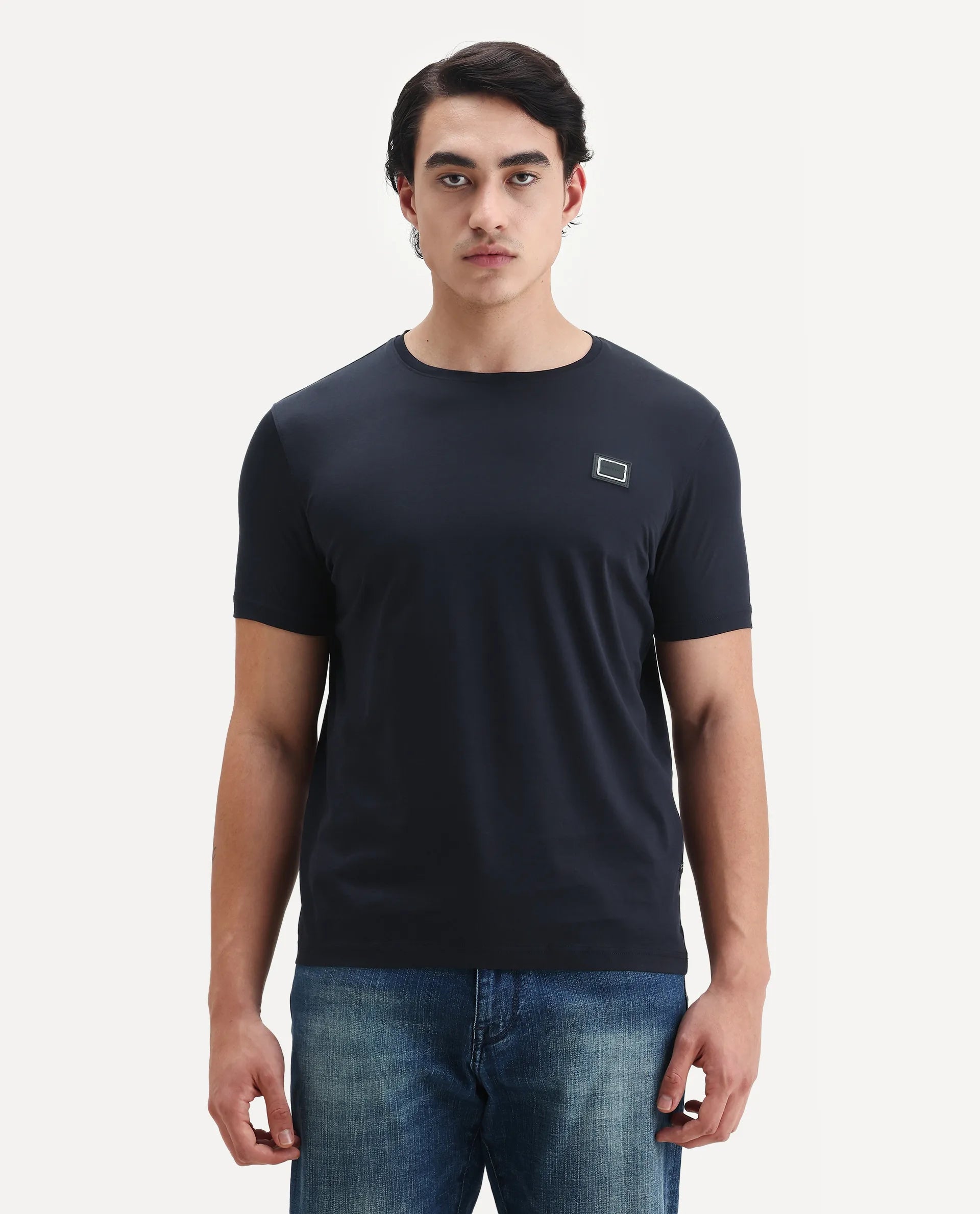 Rare Rabbit Men's Badgen Navy Cotton Plain Regular Fit Half Sleeve Crew Neck T-Shirt