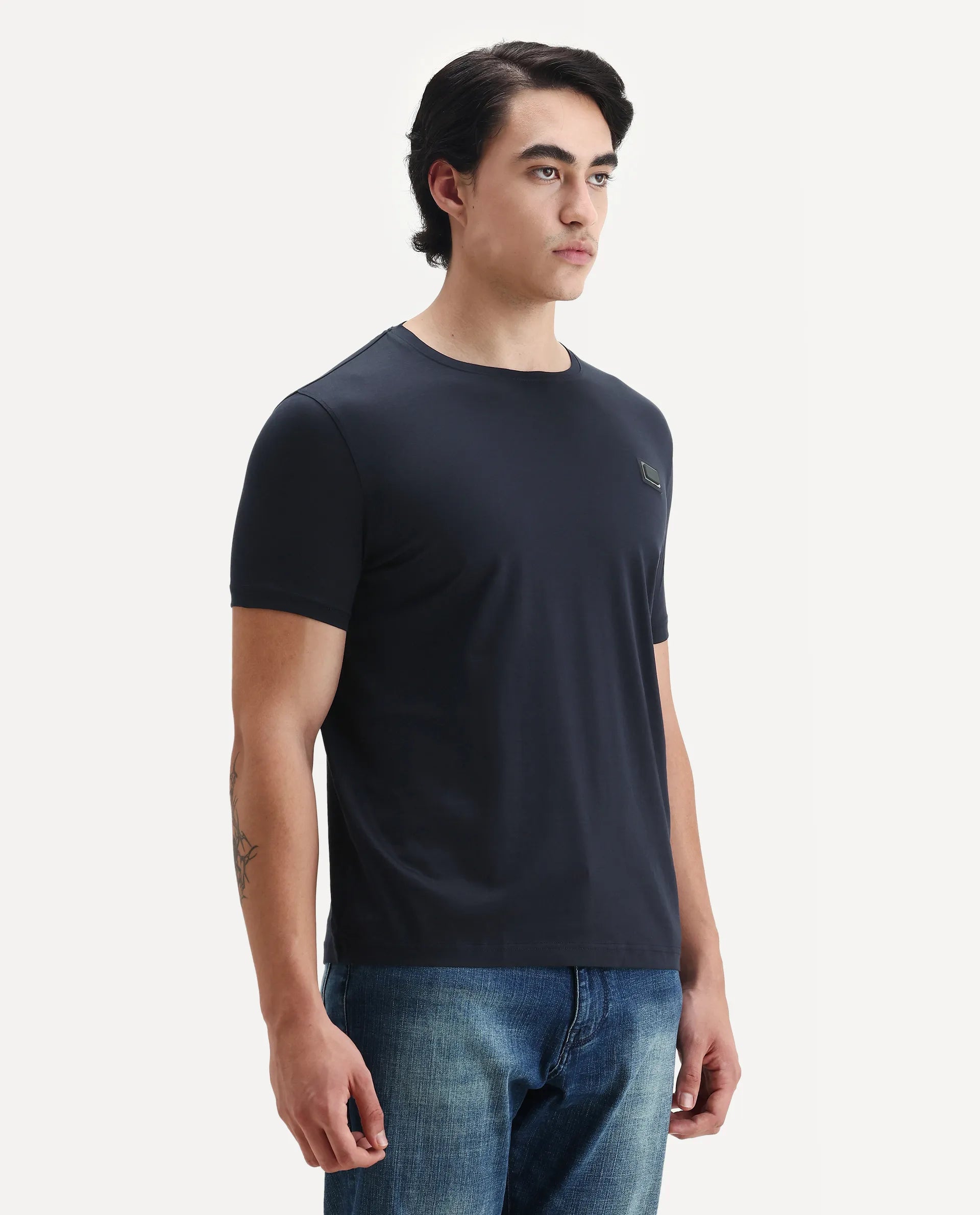 Rare Rabbit Men's Badgen Navy Cotton Plain Regular Fit Half Sleeve Crew Neck T-Shirt