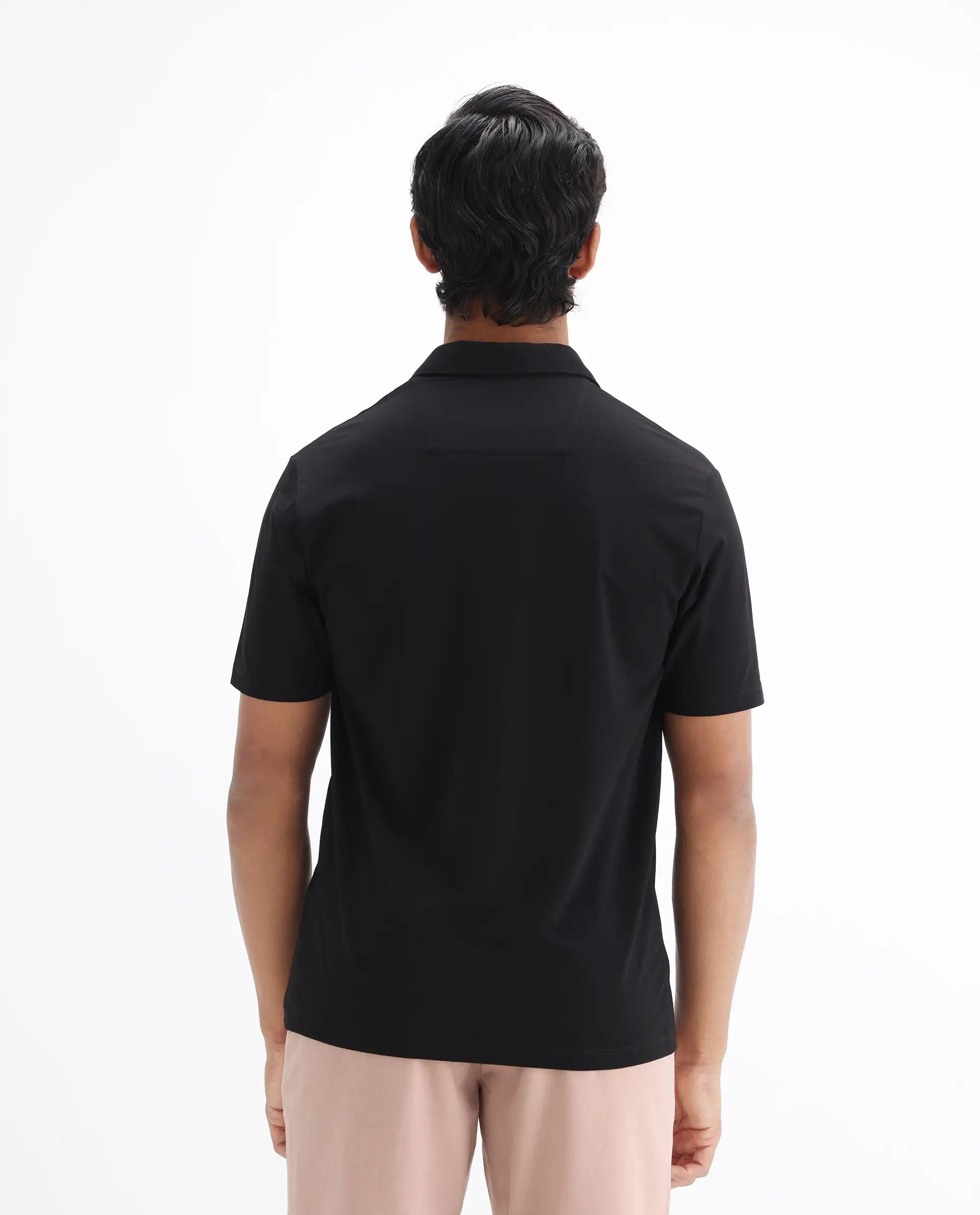 Rare Rabbit Men's Badger-25 Black Cotton Blend Plain Regular Fit Half Sleeve Polo