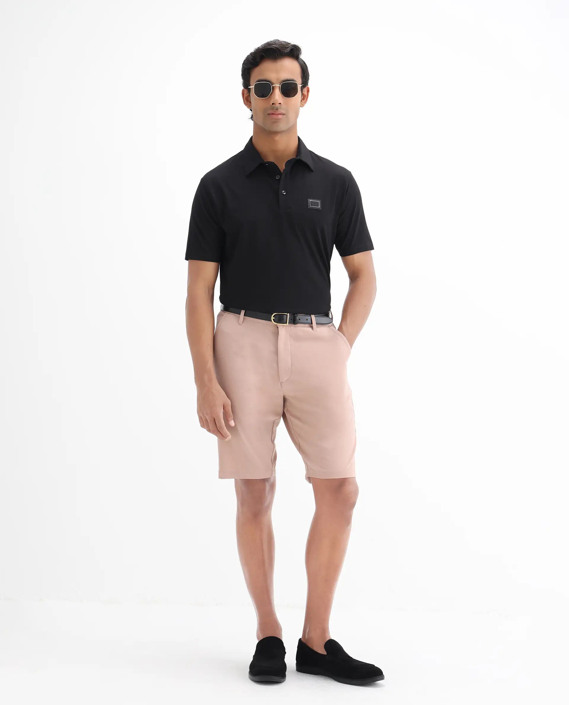 Rare Rabbit Men's Badger-25 Black Cotton Blend Plain Regular Fit Half Sleeve Polo