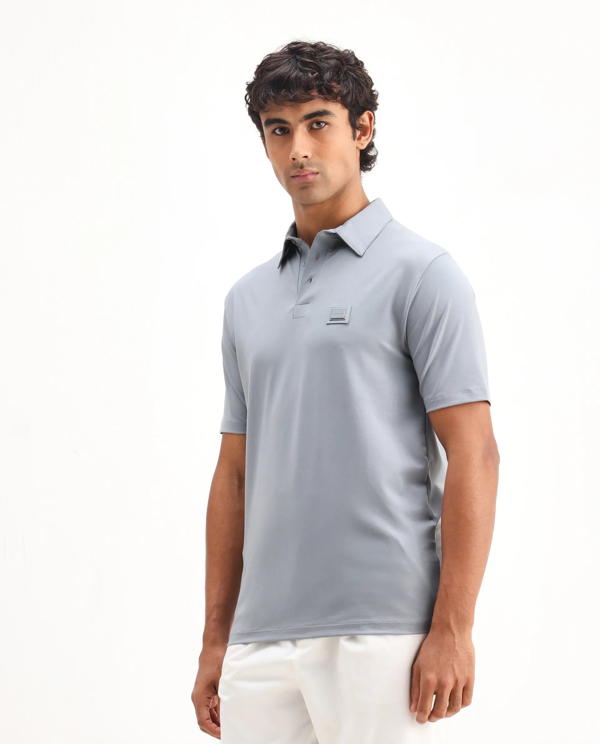 Rare Rabbit Men's Badger-2 Dusky Blue Cotton Plain Regular Fit Half Sleeve Polo