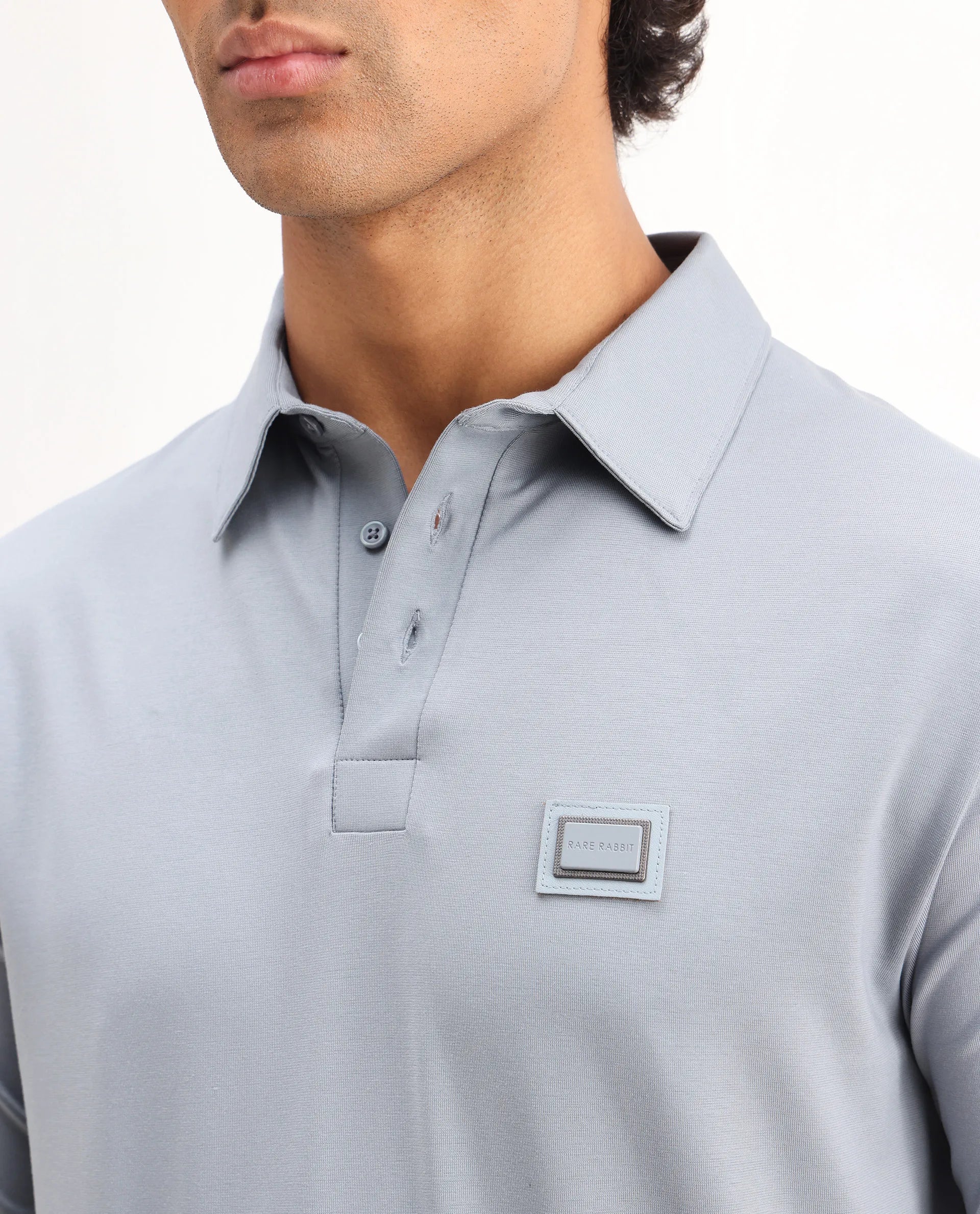 Rare Rabbit Men's Badger-25 Dusky Blue Cotton Blend Plain Regular Fit Half Sleeve Polo