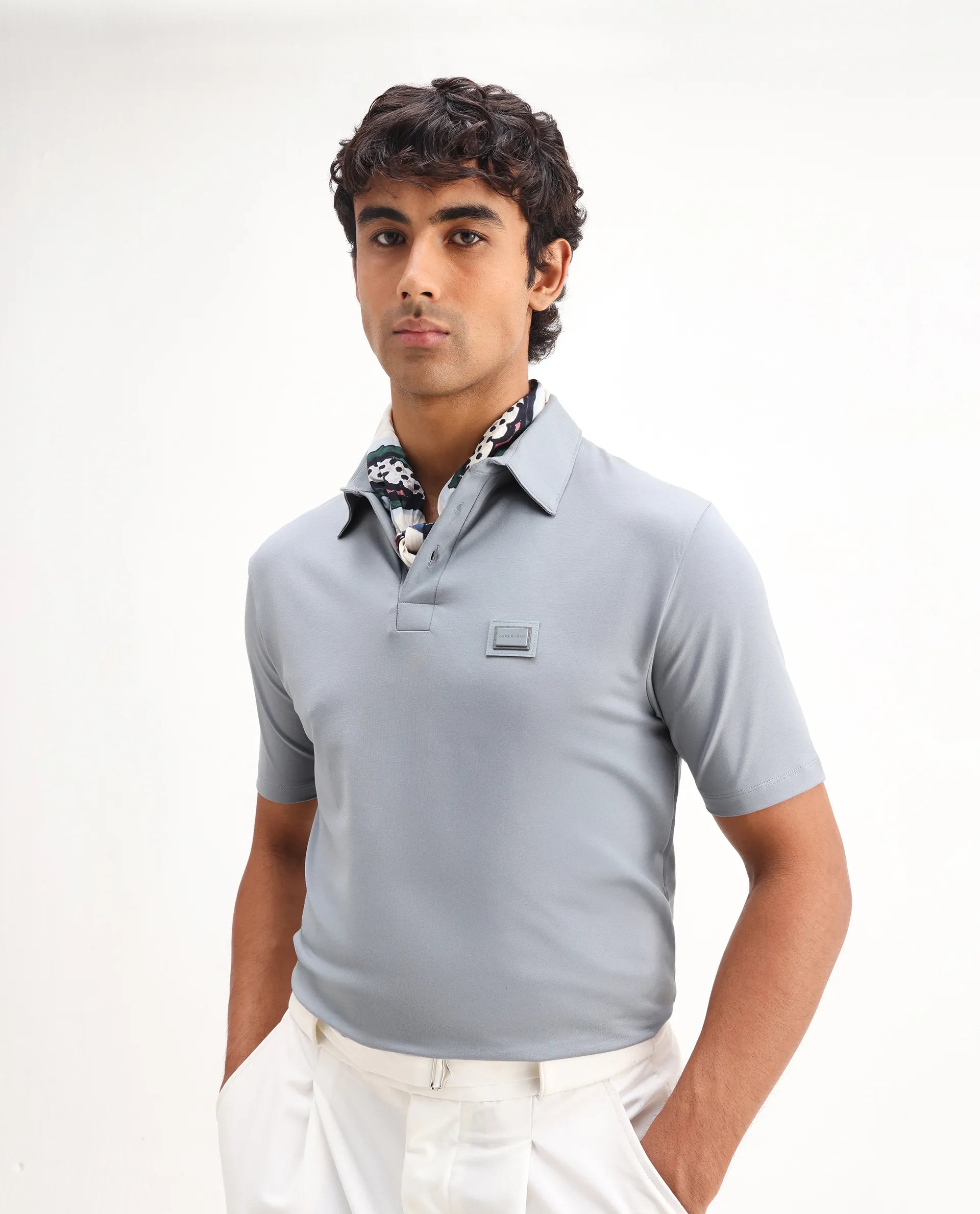 Rare Rabbit Men's Badger-25 Dusky Blue Cotton Blend Plain Regular Fit Half Sleeve Polo