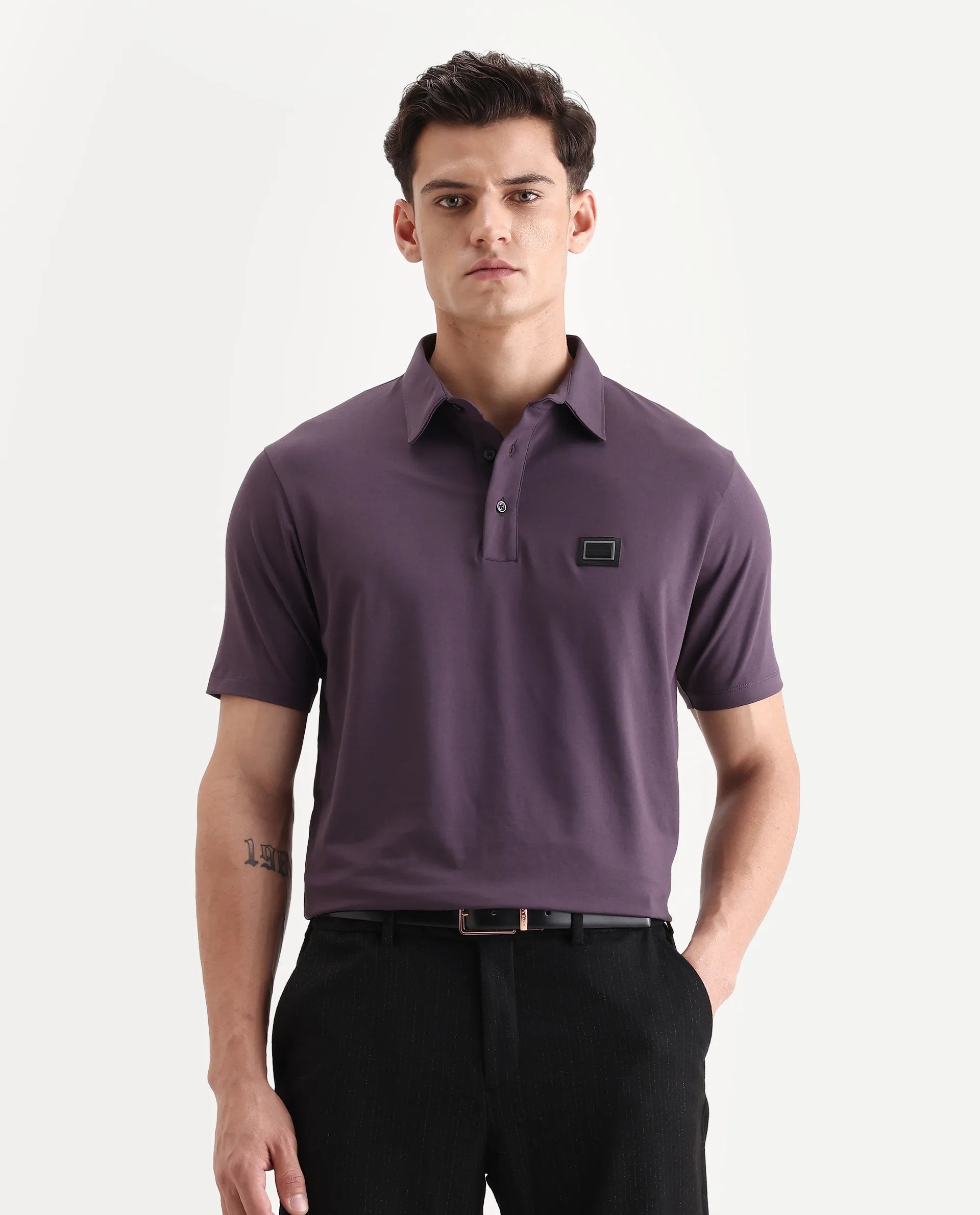Rare Rabbit Men's Badger-A25 Dark Purple Cotton Blend Plain Regular Fit Half Sleeve Plain Polo