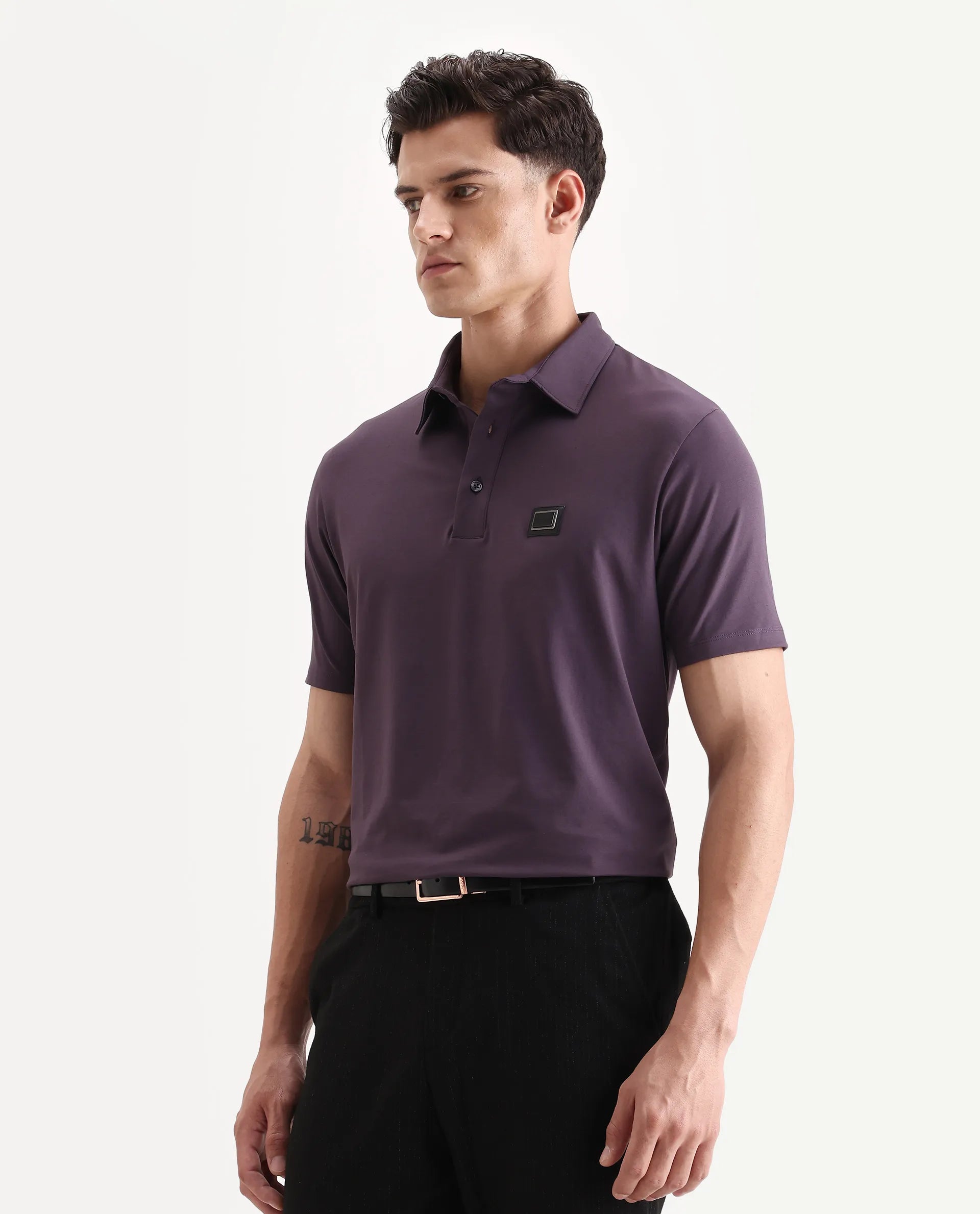 Rare Rabbit Men's Badger-A25 Dark Purple Cotton Blend Plain Regular Fit Half Sleeve Plain Polo
