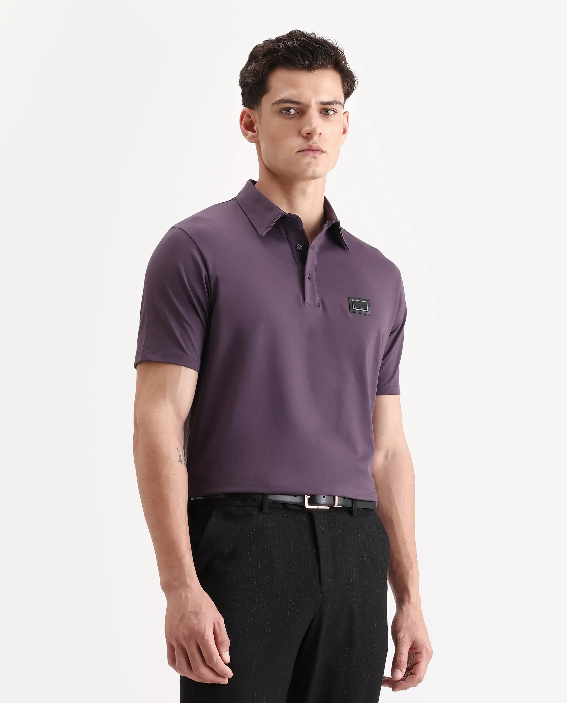 Rare Rabbit Men's Badger-A25 Dark Purple Cotton Blend Plain Regular Fit Half Sleeve Plain Polo