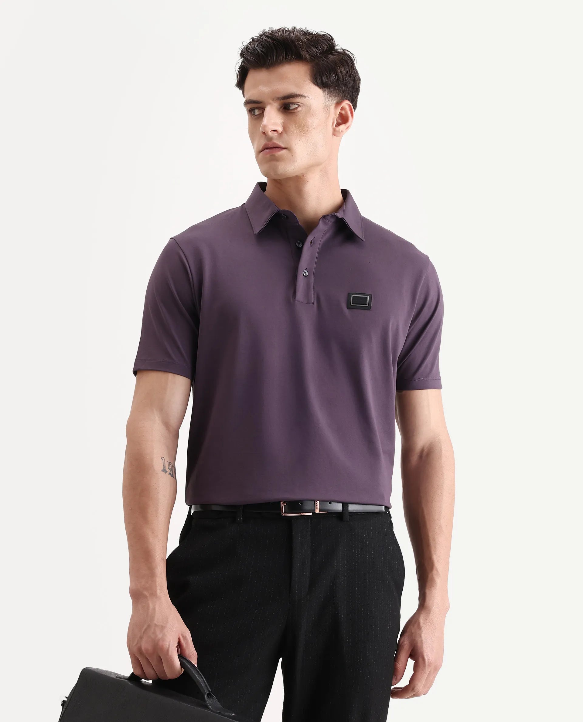 Rare Rabbit Men's Badger-A25 Dark Purple Cotton Blend Plain Regular Fit Half Sleeve Plain Polo
