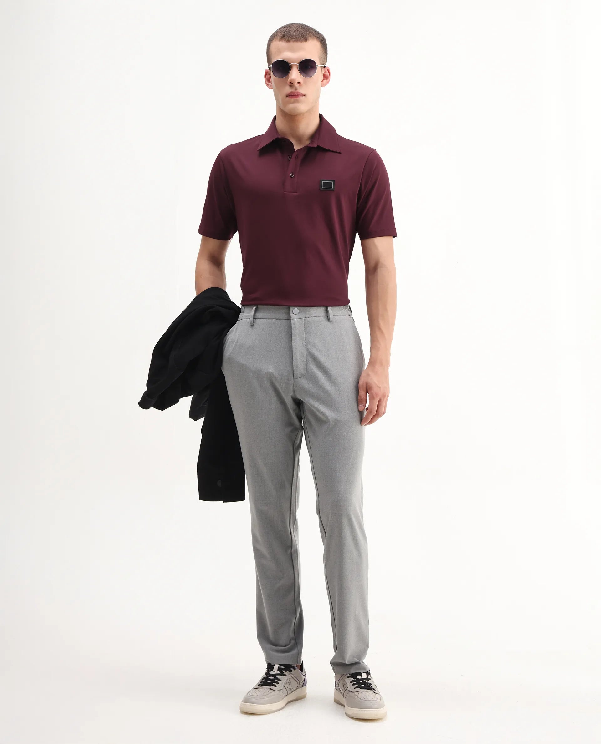 Rare Rabbit Men's Badger-25 Dark Brown Cotton Blend Plain Regular Fit Half Sleeve Polo