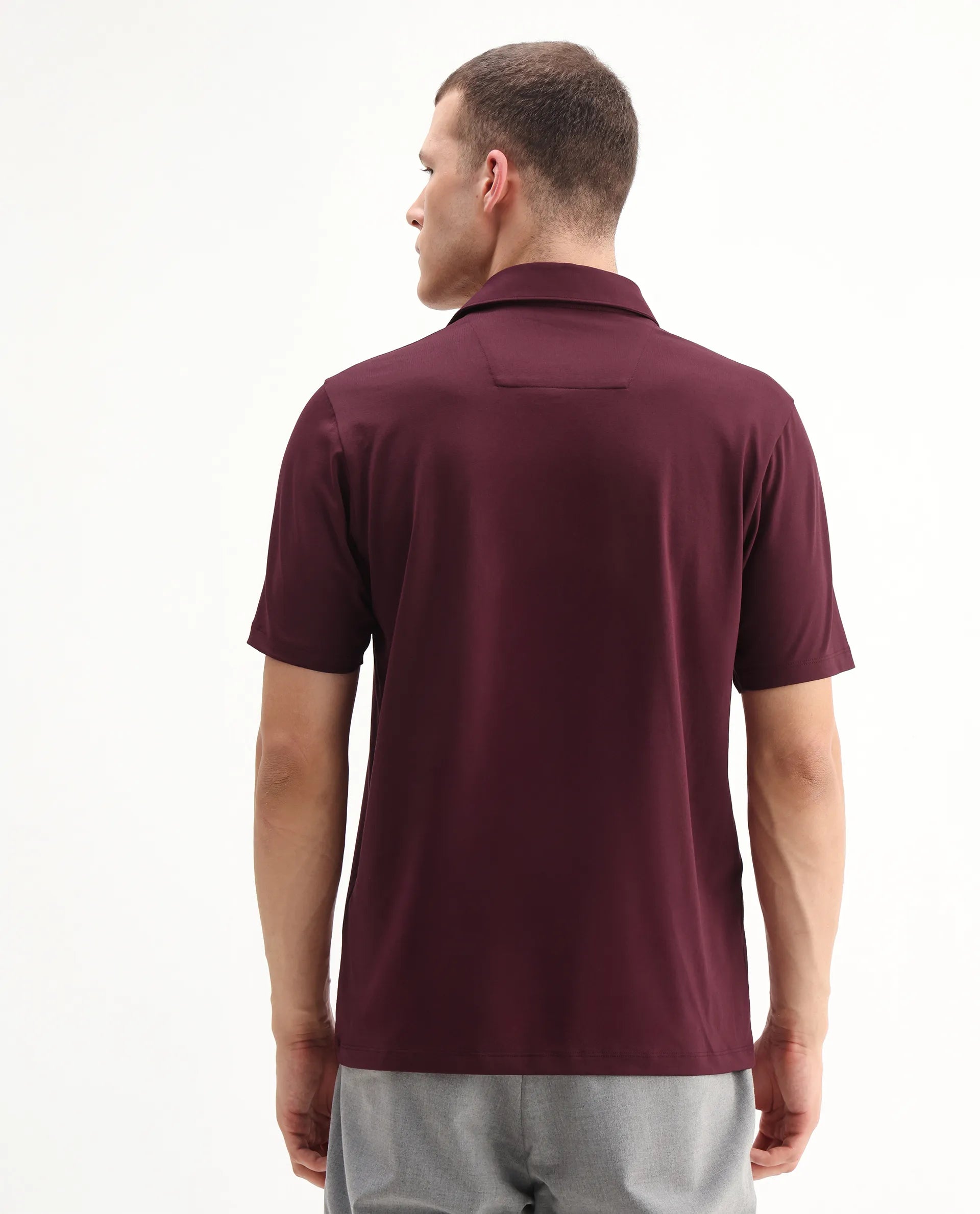Rare Rabbit Men's Badger-A25 Dark Maroon Cotton Blend Plain Regular Fit Half Sleeve Plain Polo