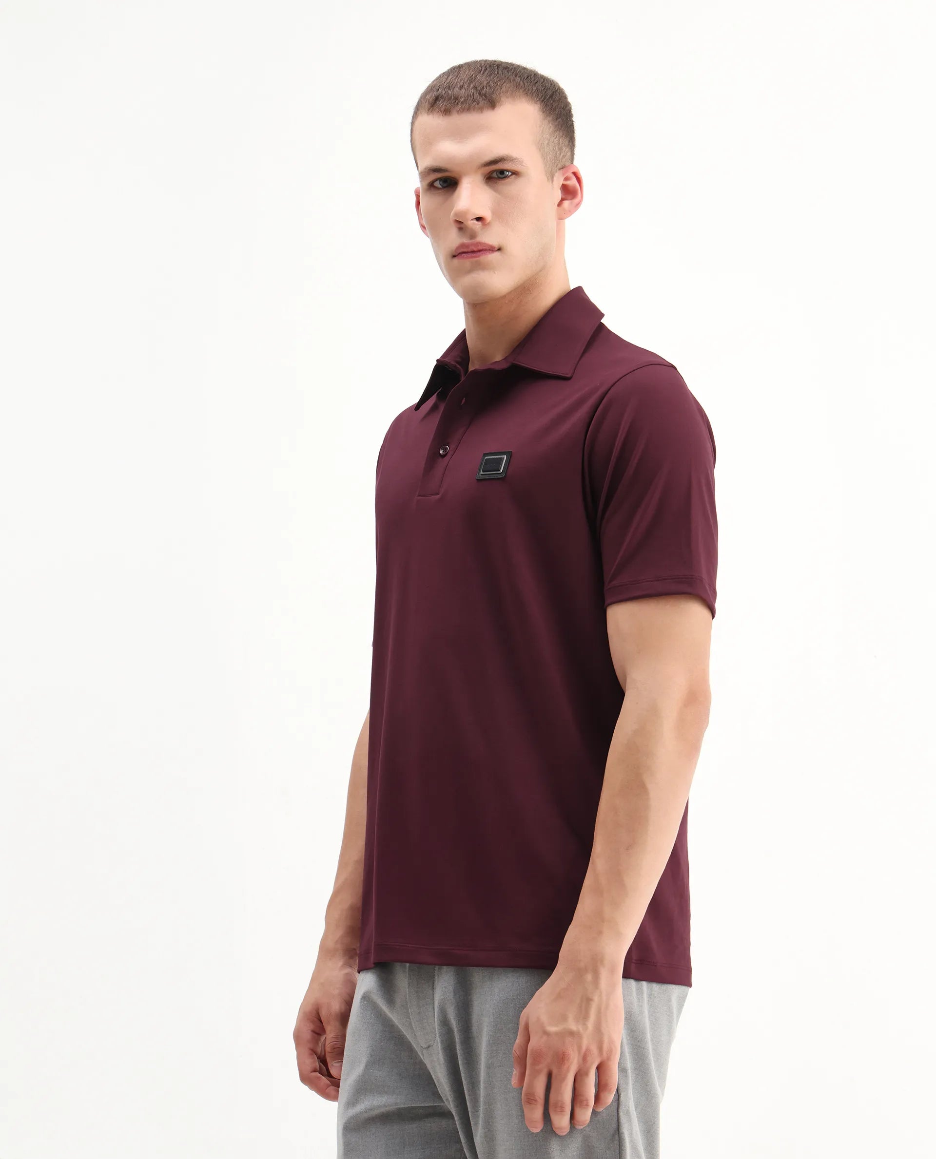 Rare Rabbit Men's Badger-A25 Dark Maroon Cotton Blend Plain Regular Fit Half Sleeve Plain Polo