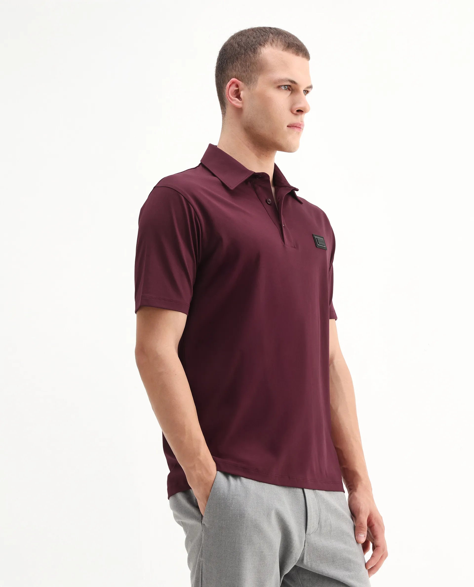 Rare Rabbit Men's Badger-A25 Dark Maroon Cotton Blend Plain Regular Fit Half Sleeve Plain Polo