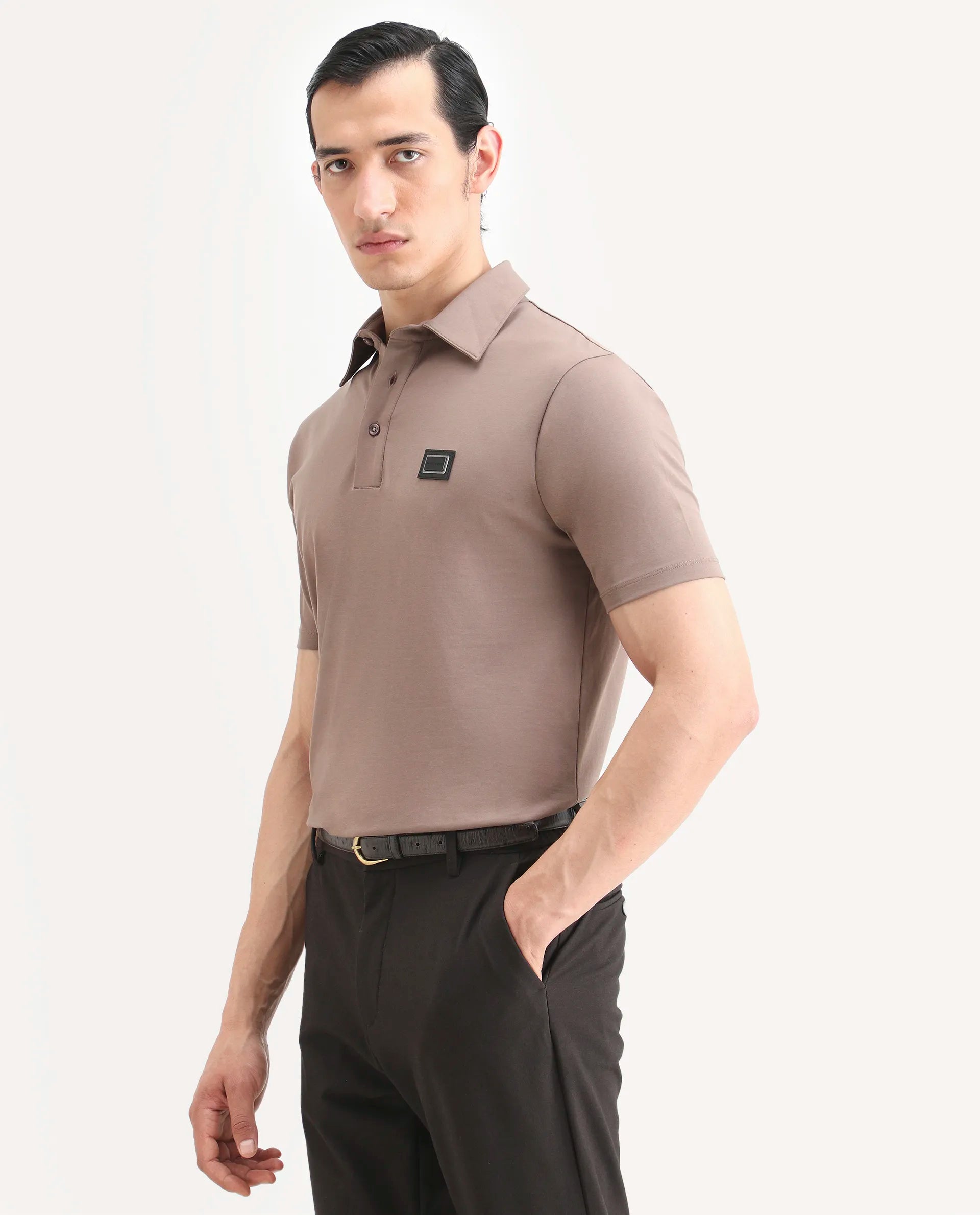 Rare Rabbit Men's Badger-A25 Dusky Brown Cotton Blend Plain Regular Fit Half Sleeve Plain Polo