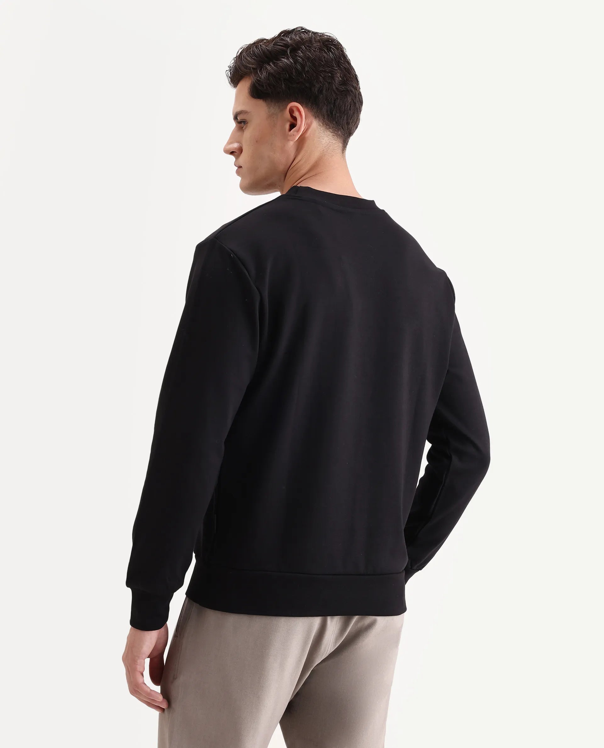 Rare Rabbit Men's Badget-25 Black Cotton Blend Badge Print Regular Fit Full Sleeve Crew Neck Sweatshirt