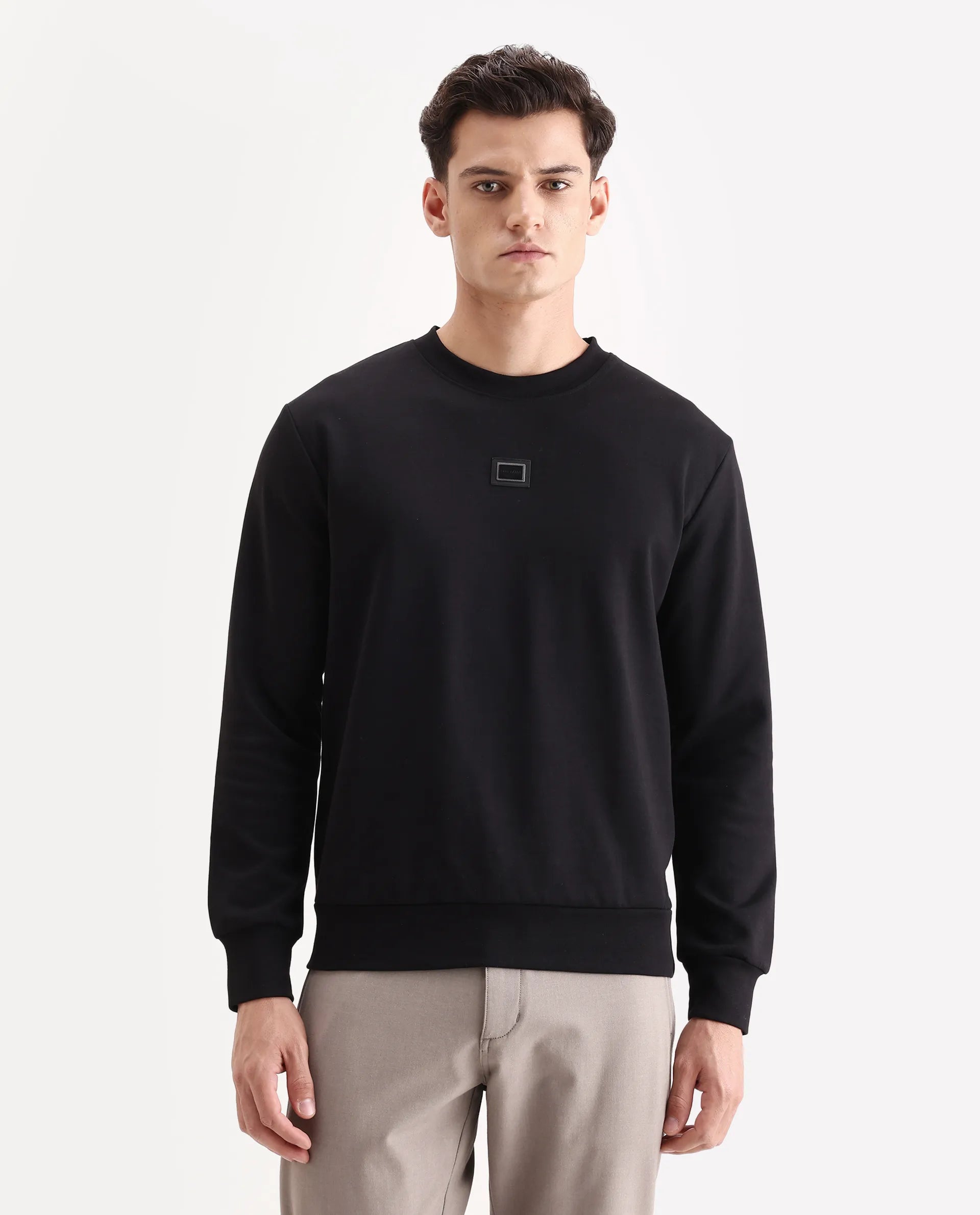 Rare Rabbit Men's Badget-25 Black Cotton Blend Badge Print Regular Fit Full Sleeve Crew Neck Sweatshirt