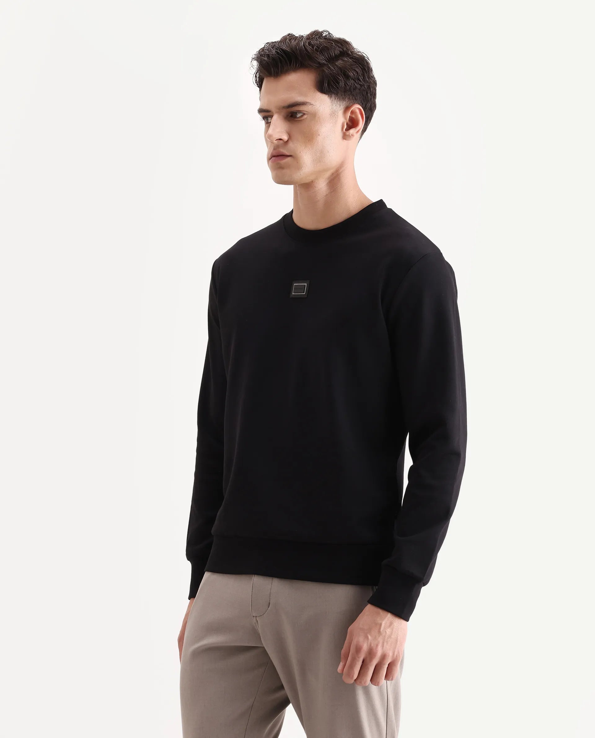 Rare Rabbit Men's Badget-25 Black Cotton Blend Badge Print Regular Fit Full Sleeve Crew Neck Sweatshirt