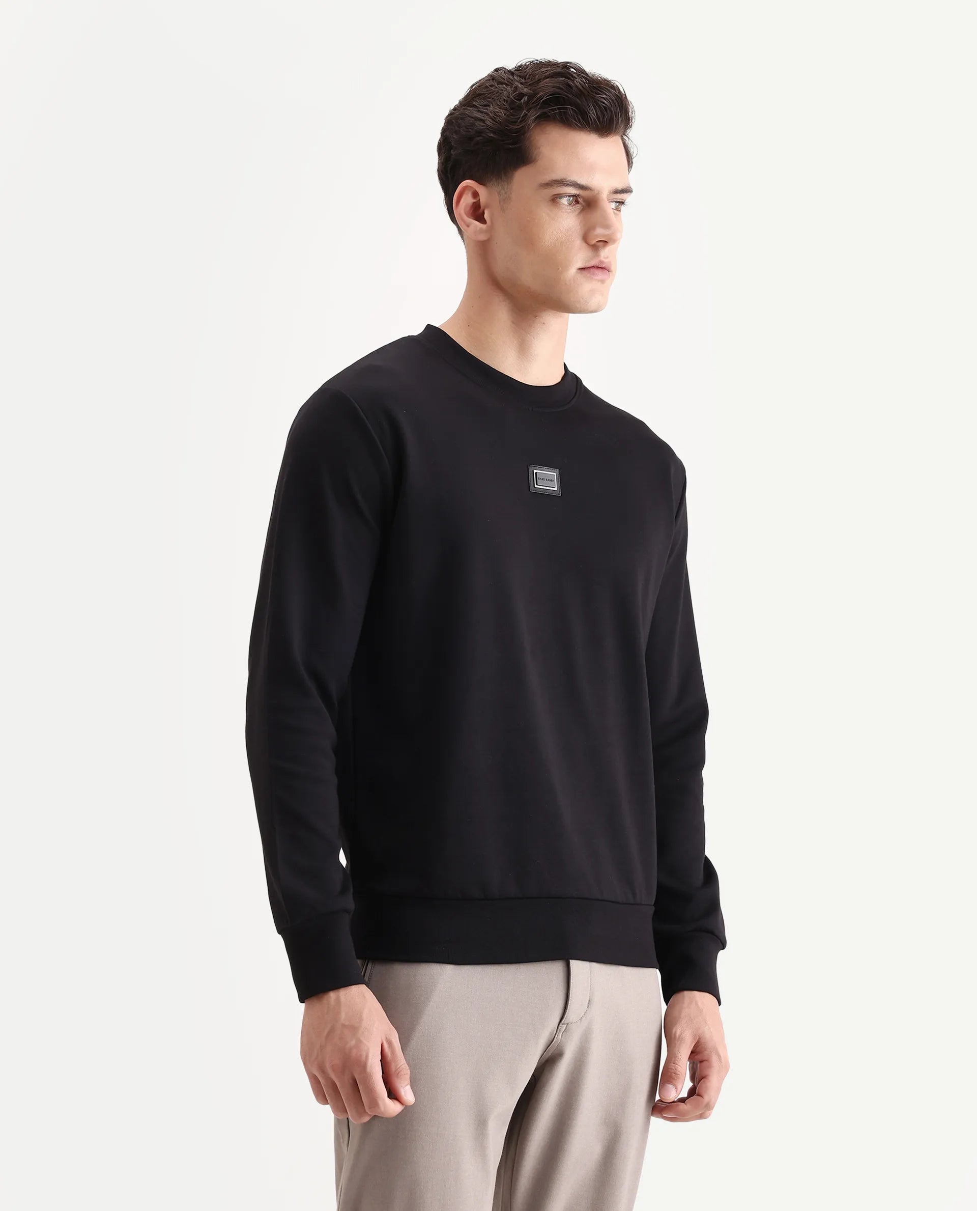 Rare Rabbit Men's Badget-25 Black Cotton Blend Badge Print Regular Fit Full Sleeve Crew Neck Sweatshirt