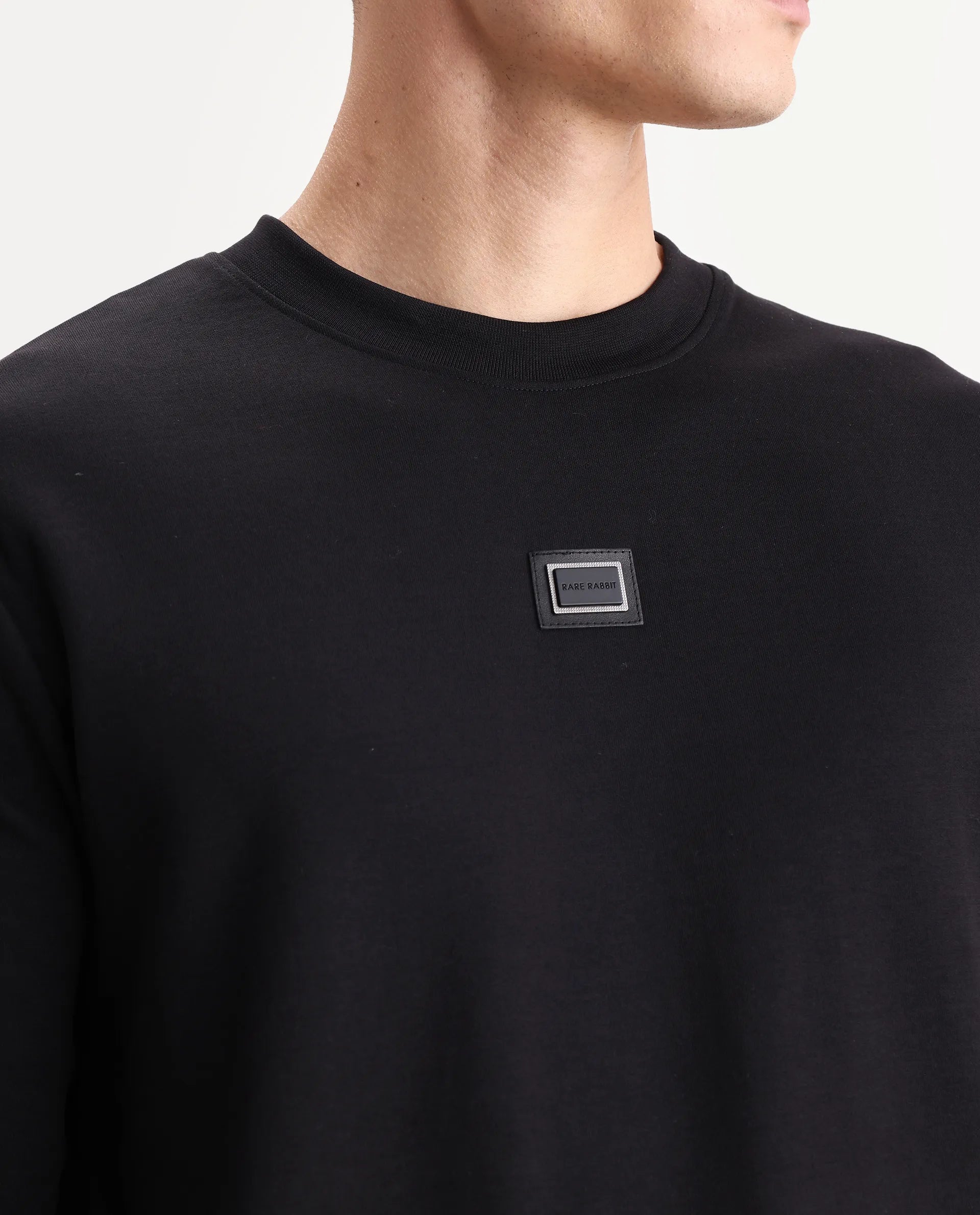 Rare Rabbit Men's Badget-25 Black Cotton Blend Badge Print Regular Fit Full Sleeve Crew Neck Sweatshirt