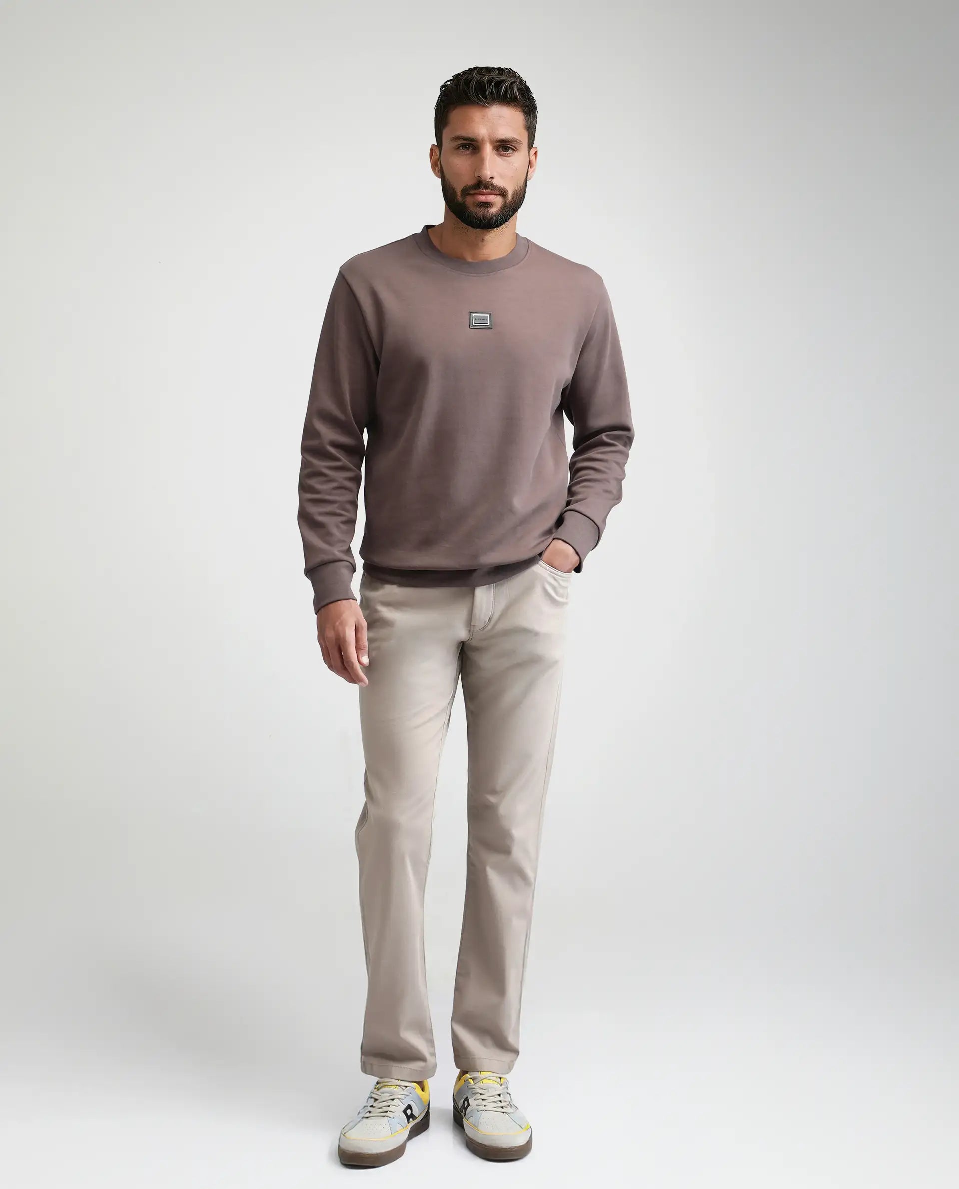 Rare Rabbit Men's Badget-25 Dusky Brown Cotton Blend Badge Print Regular Fit Full Sleeve Crew Neck Sweatshirt