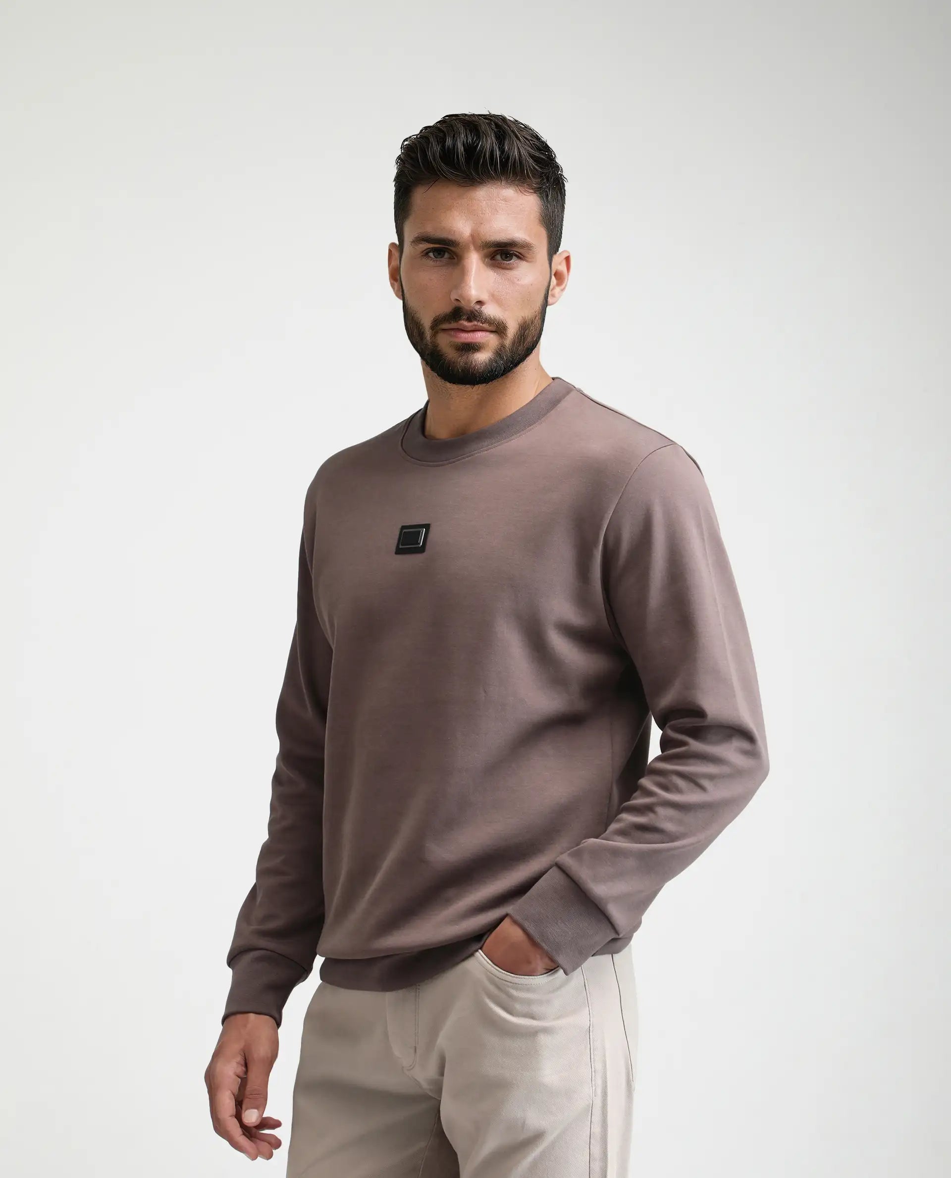 Rare Rabbit Men's Badget-25 Dusky Brown Cotton Blend Badge Print Regular Fit Full Sleeve Crew Neck Sweatshirt