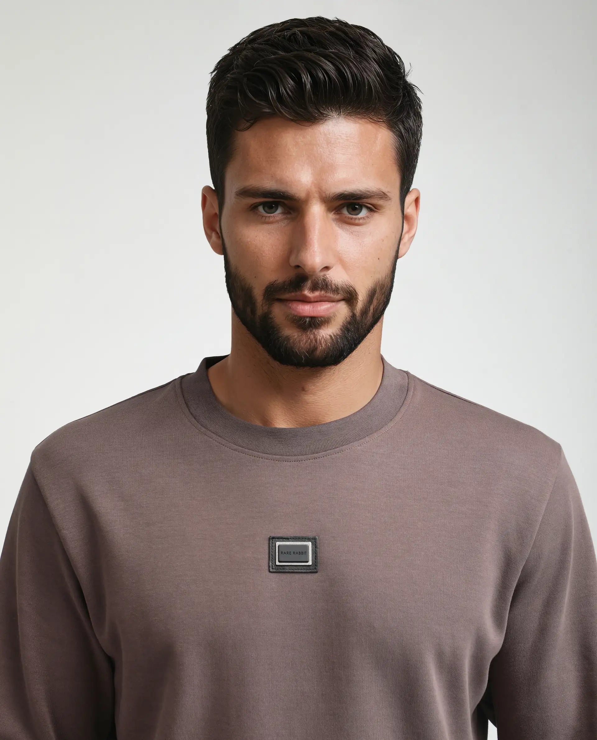 Rare Rabbit Men's Badget-25 Dusky Brown Cotton Blend Badge Print Regular Fit Full Sleeve Crew Neck Sweatshirt