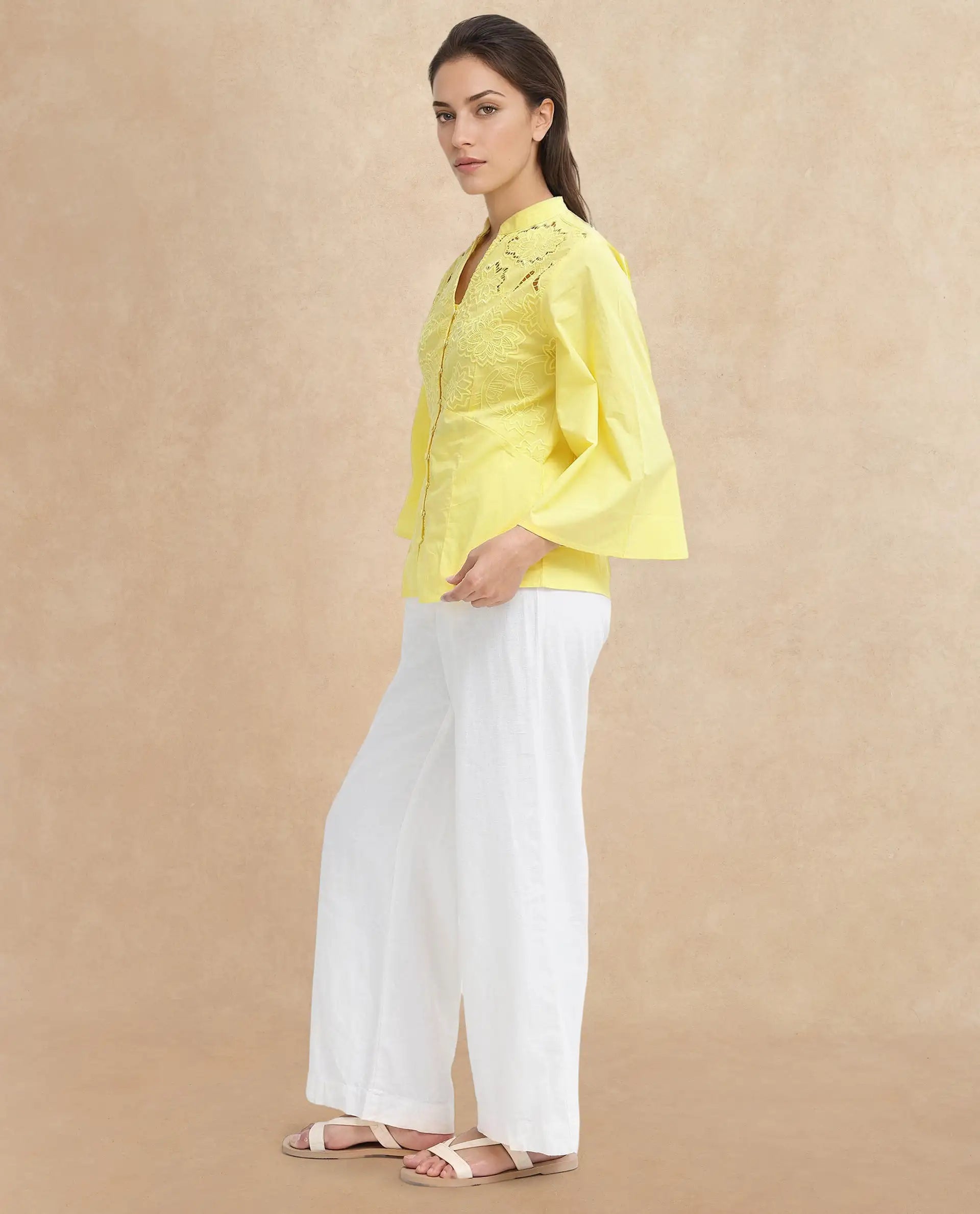 Rareism Women Badgle-T Pastel Yellow Cotton Fabric Full Sleeve Collared Neck   Embroidered Top