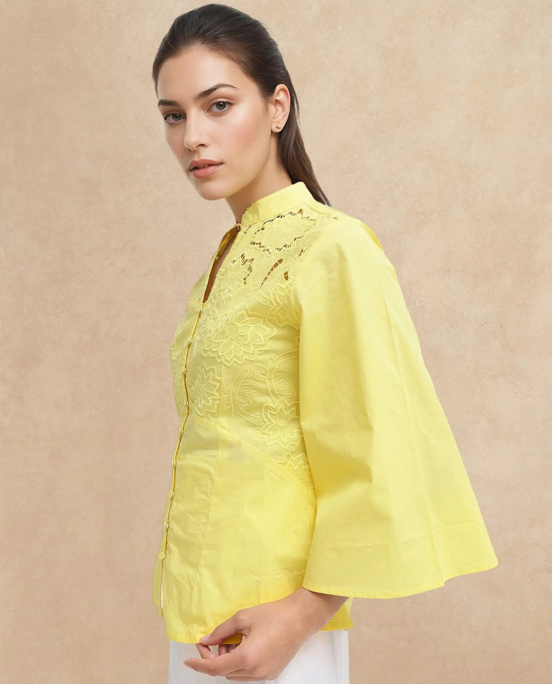 Rareism Women Badgle-T Pastel Yellow Cotton Fabric Full Sleeve Collared Neck   Embroidered Top