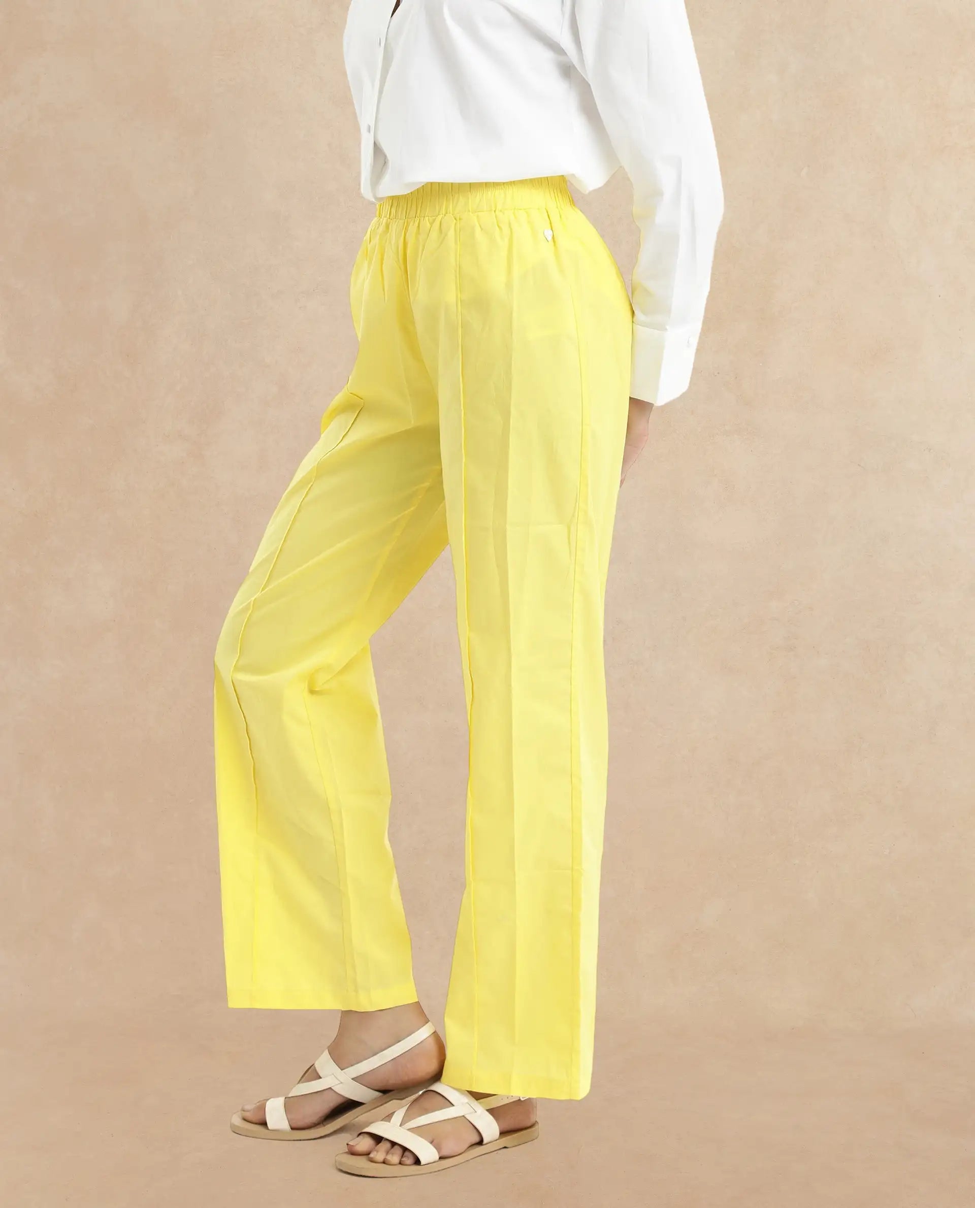 Rareism Women Badgle-B Pastel Yellow Cotton Fabric Regular Length Trouser