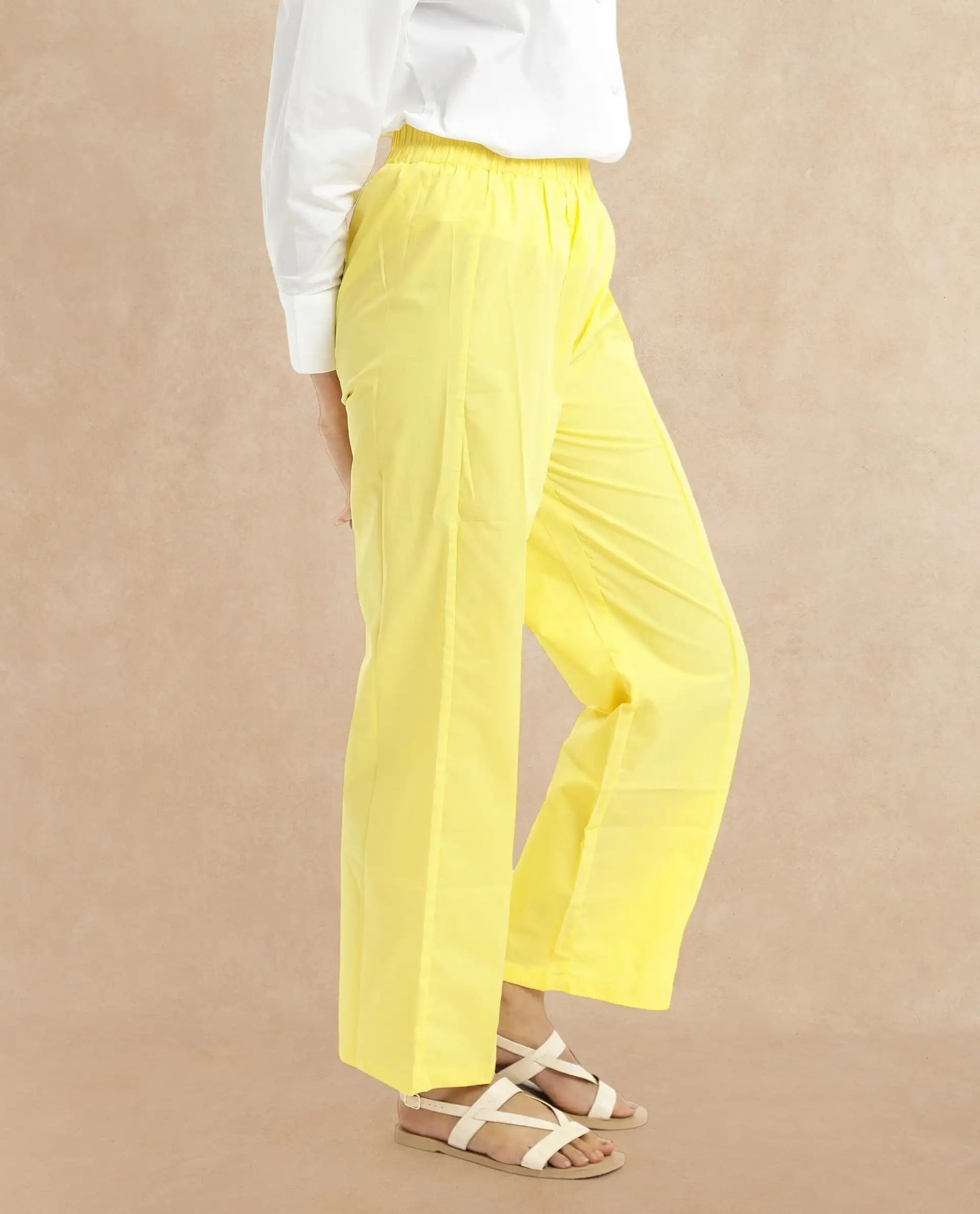 Rareism Women Badgle-B Pastel Yellow Cotton Fabric Regular Length Trouser