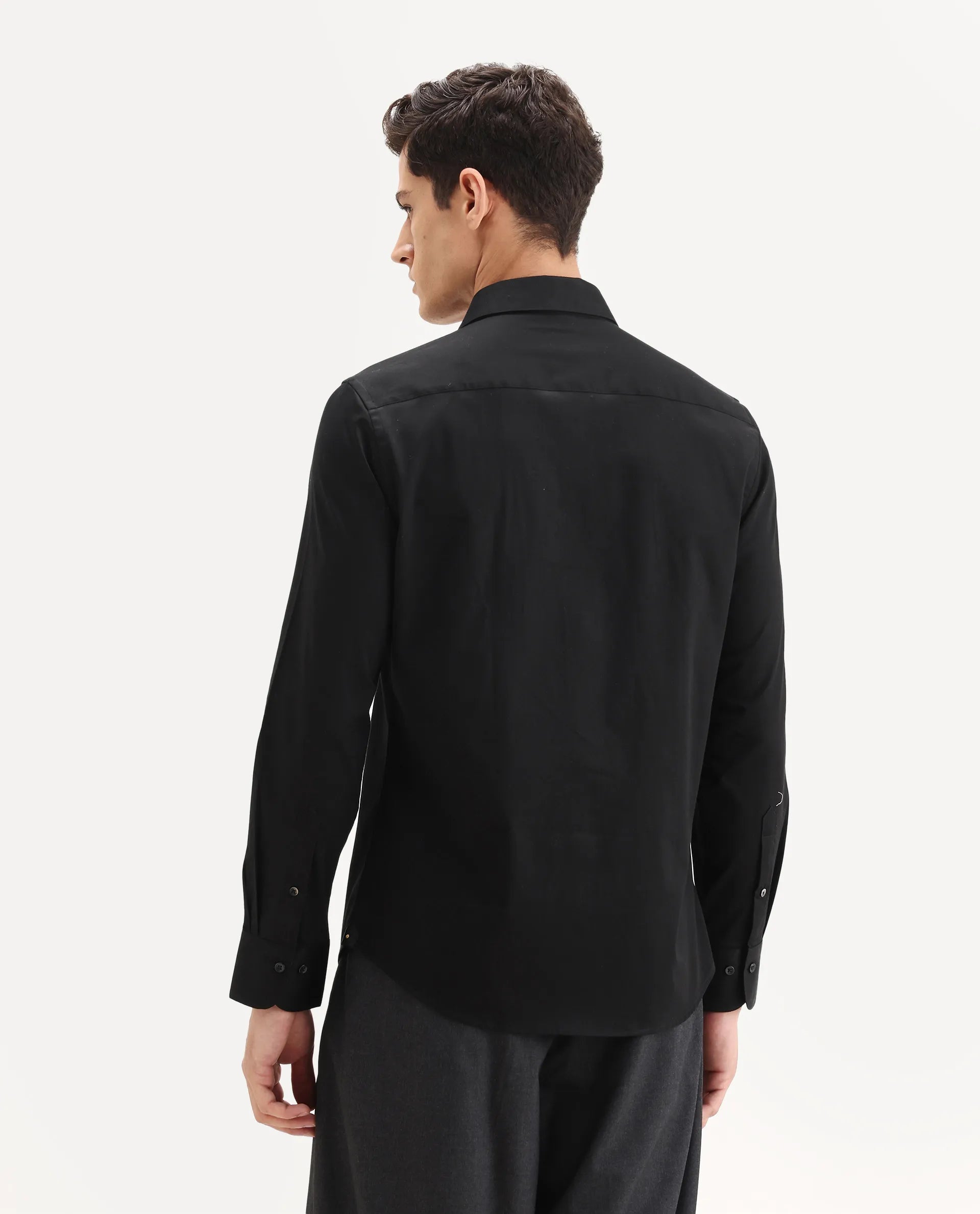 Rare Rabbit Men's Badgo Black Cotton Fabric Spread Collar Regular Fit Plain Shirt