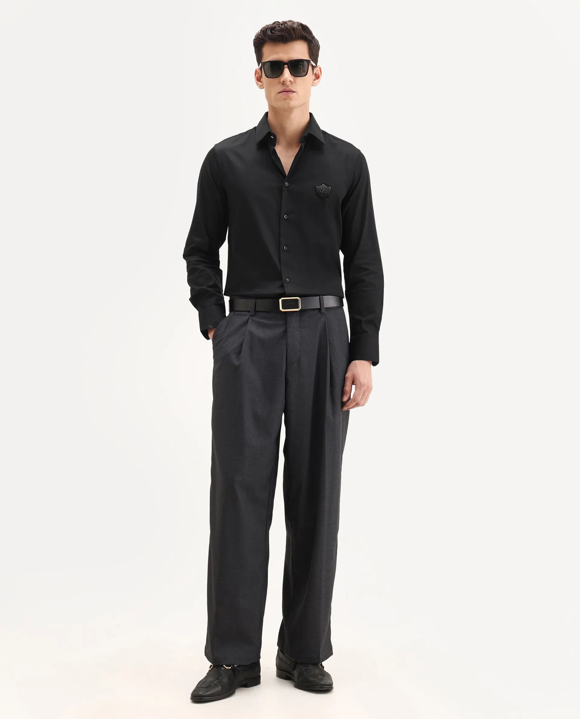 Rare Rabbit Men's Badgo Black Cotton Fabric Spread Collar Regular Fit Plain Shirt