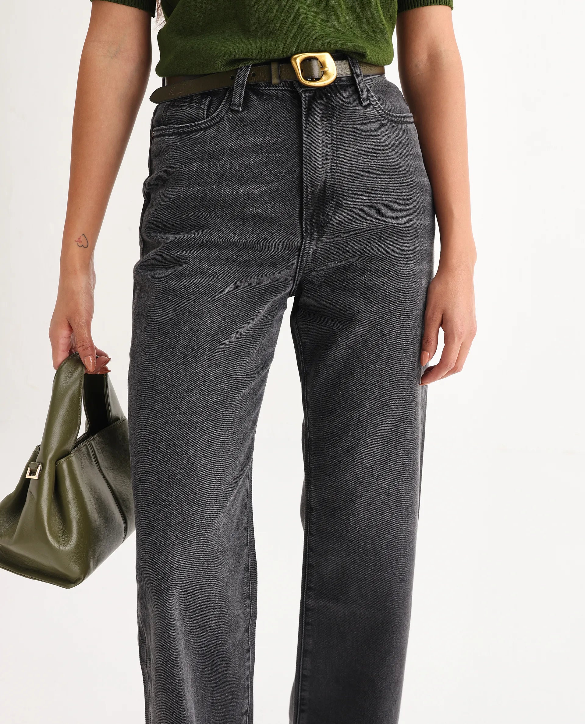 Rareism Women's Baeu Grey Cotton Blend Plain Ankle Length Straight Fit Jeans