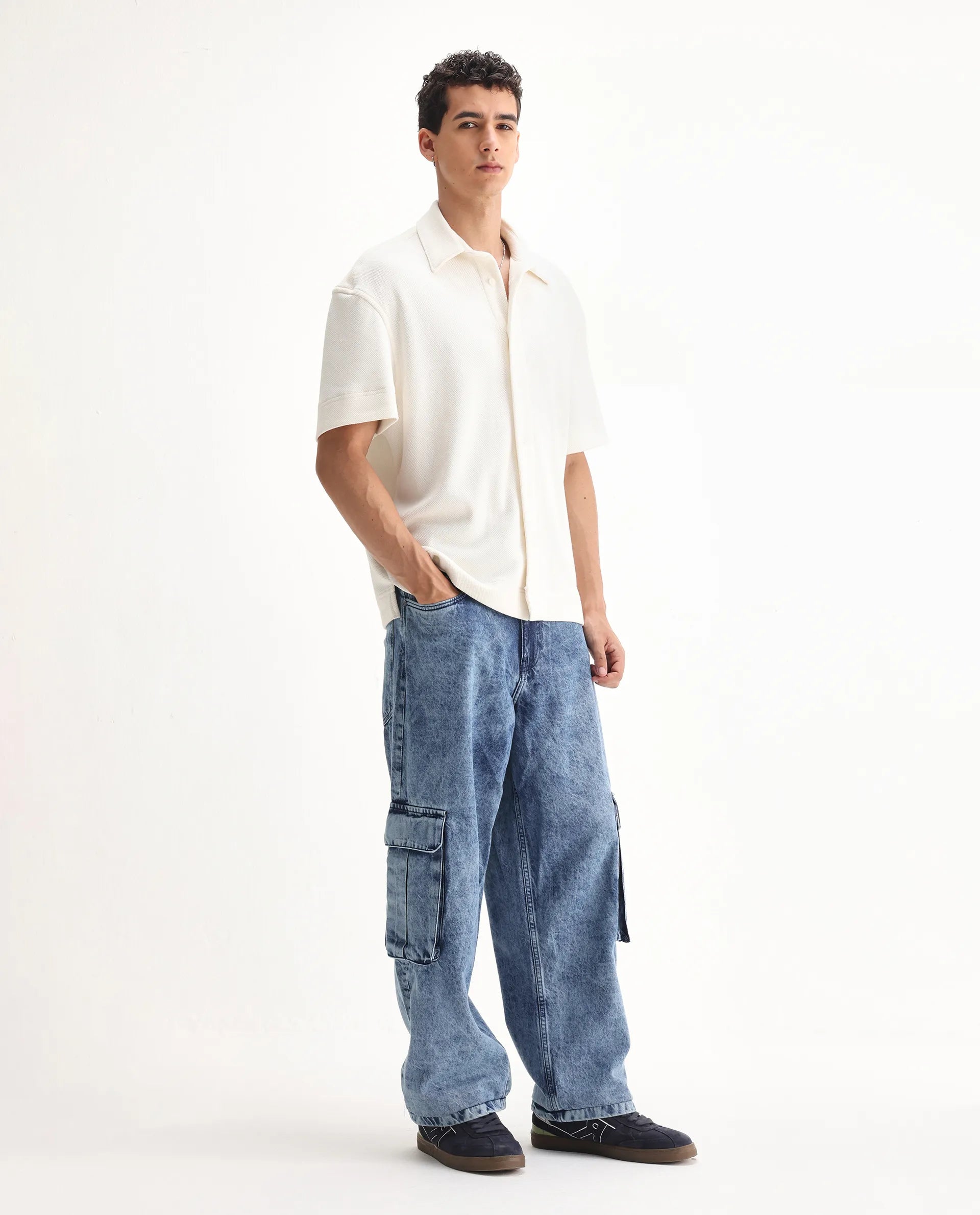 Rare Rabbit Men's Baey Blue Cotton Plain Baggy Fit Jeans