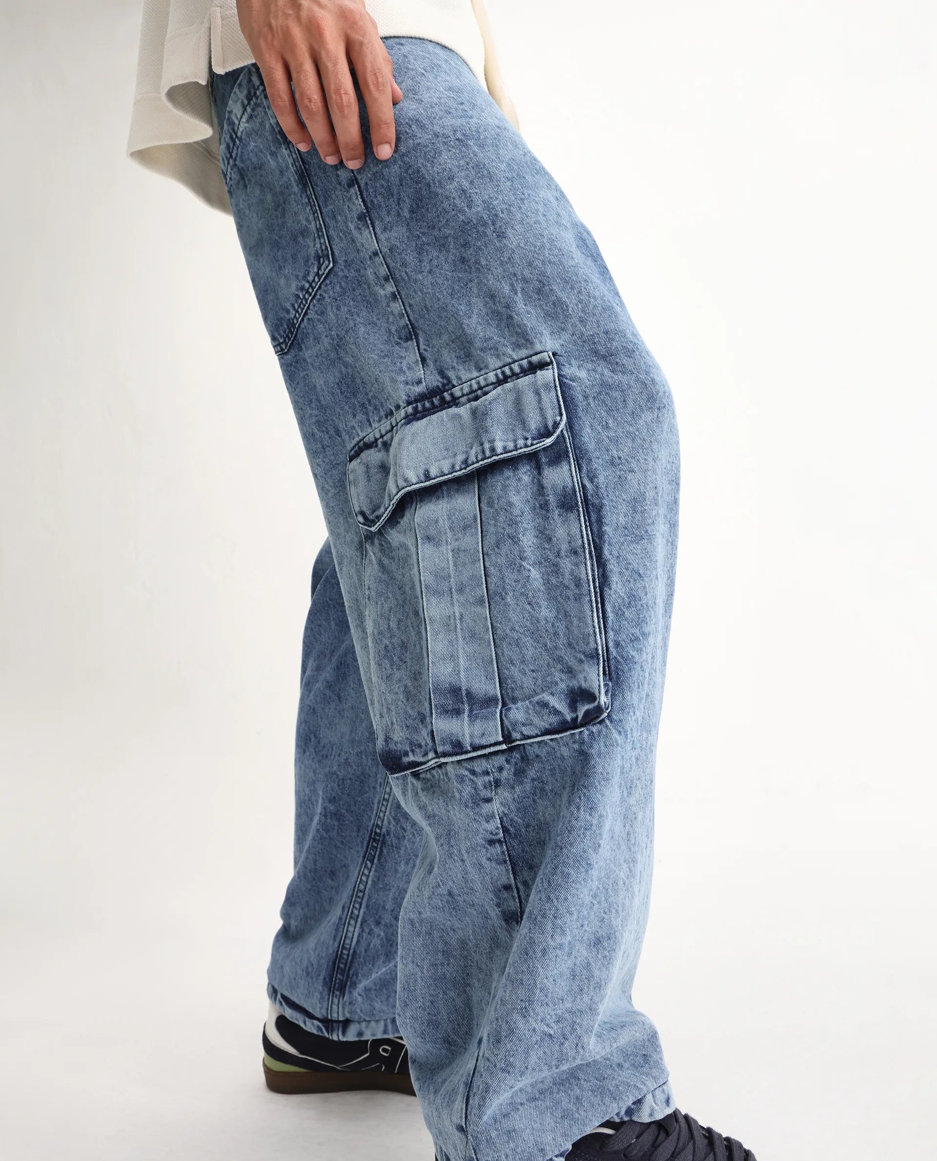 Rare Rabbit Men's Baey Blue Cotton Plain Baggy Fit Jeans