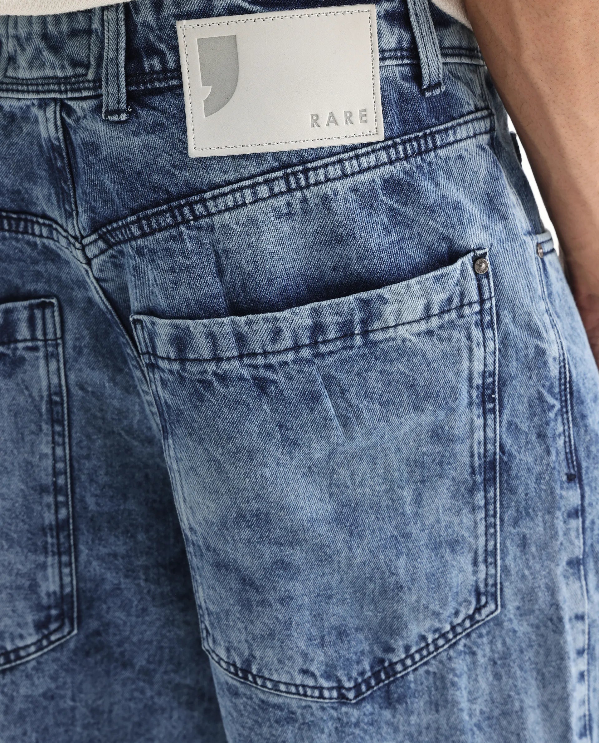 Rare Rabbit Men's Baey Blue Cotton Plain Baggy Fit Jeans