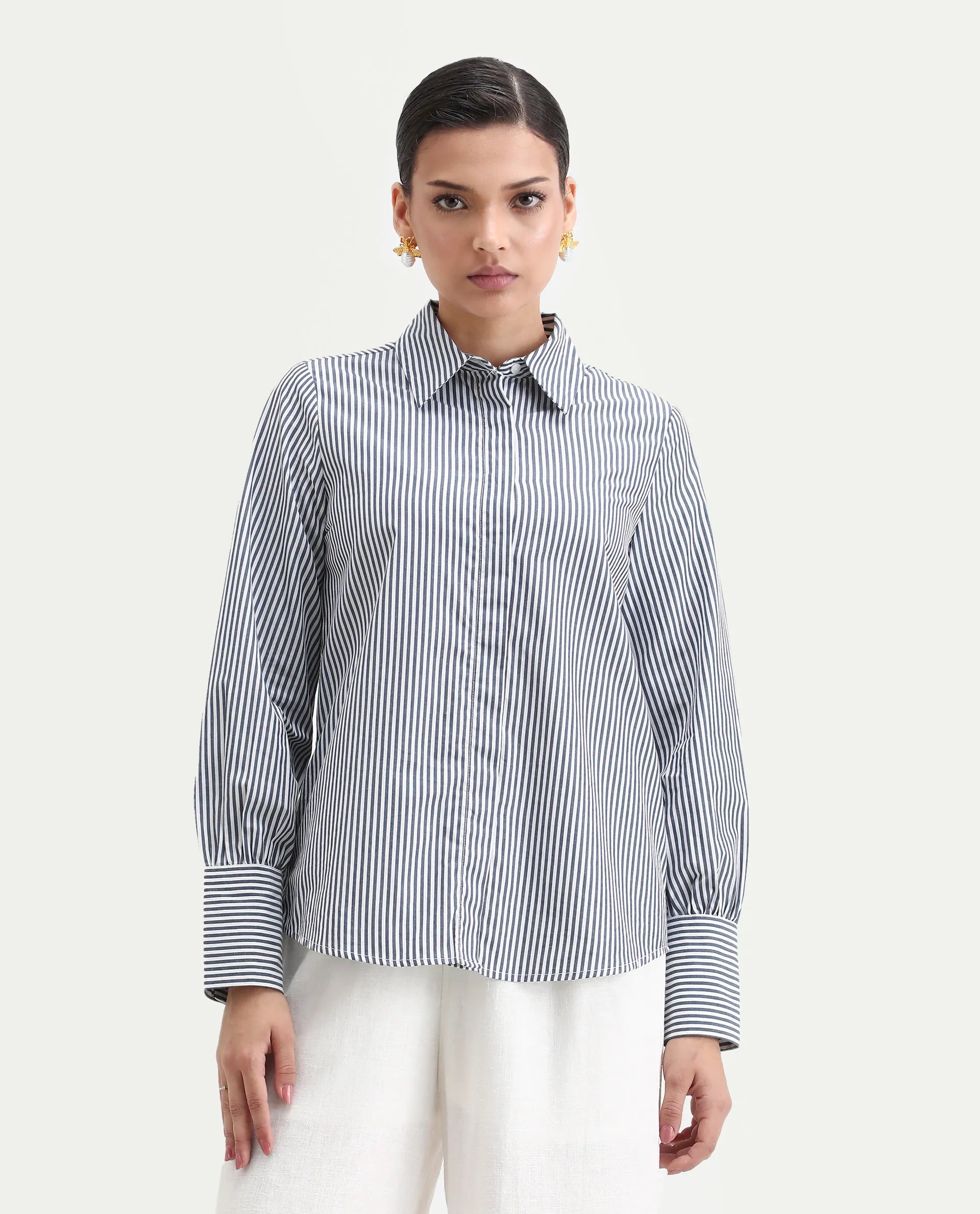 Rareism Women's Bajoc Navy Cotton Collared Neck Regular Fit Shirt