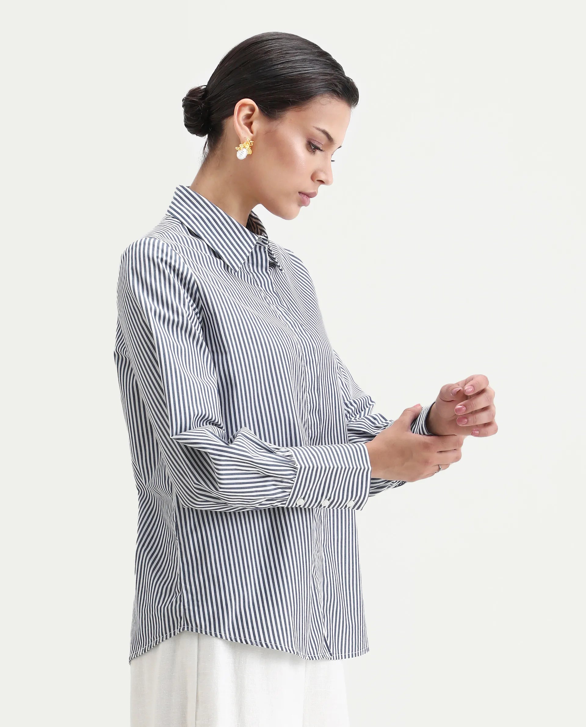 Rareism Women's Bajoc Navy Cotton Collared Neck Regular Fit Shirt