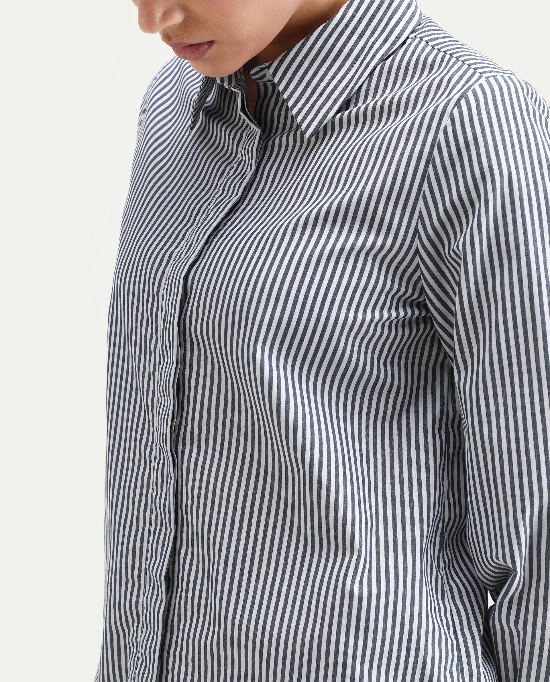 Rareism Women's Bajoc Navy Cotton Collared Neck Regular Fit Shirt