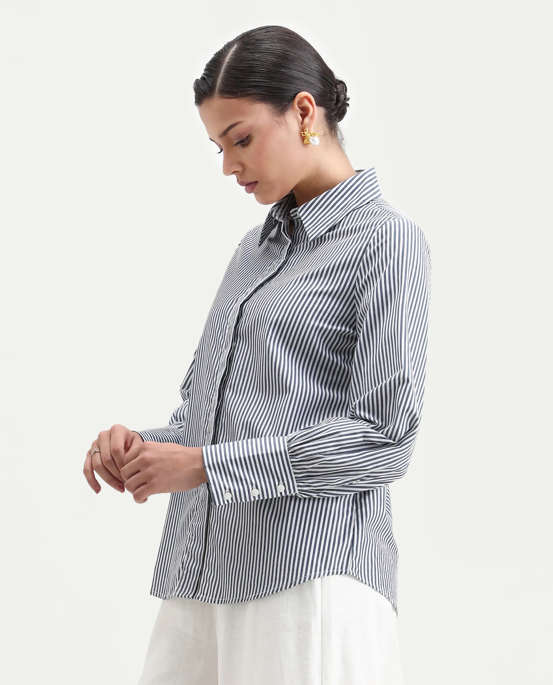 Rareism Women's Bajoc Navy Cotton Collared Neck Regular Fit Shirt