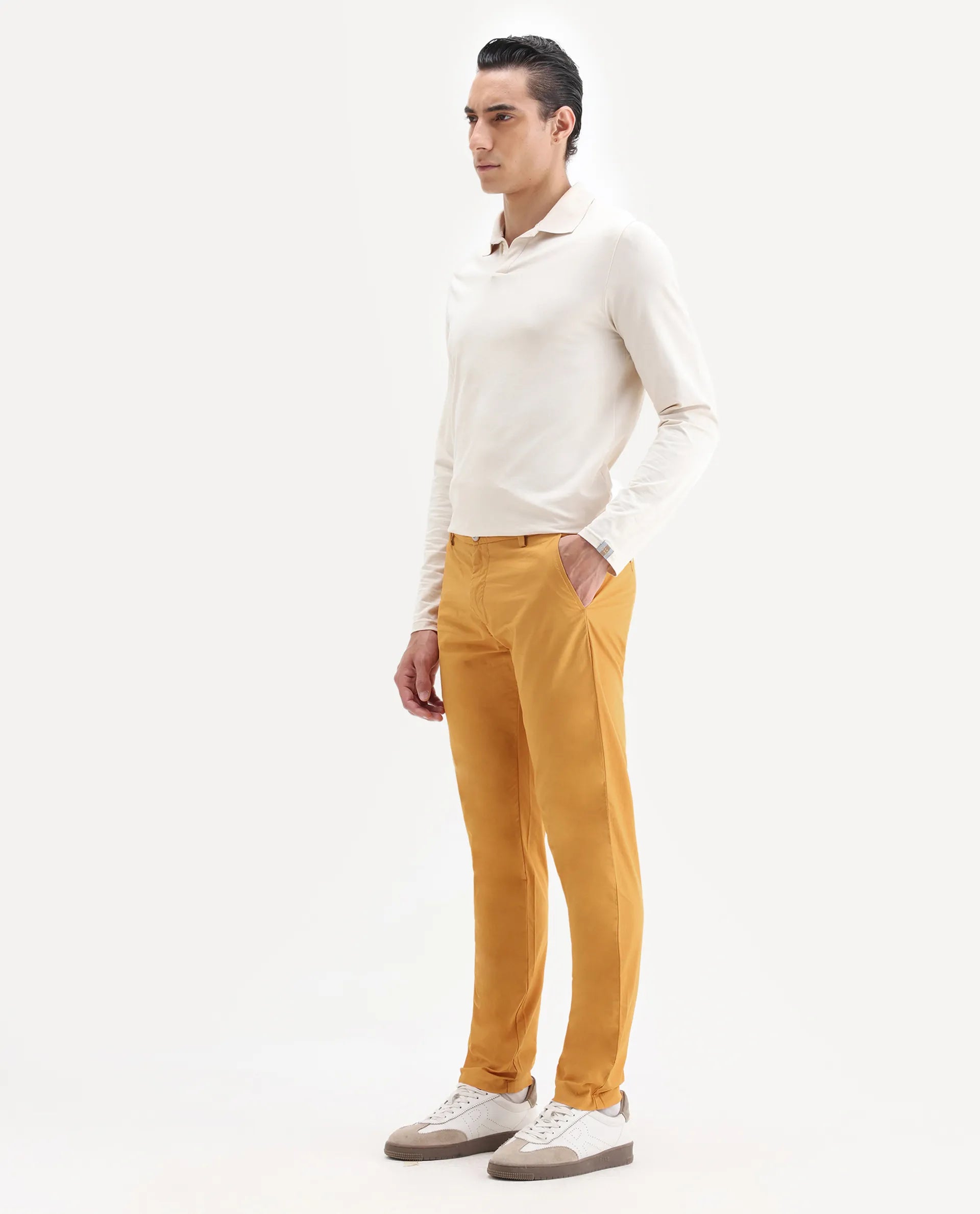 Rare Rabbit Men's Bake Mustard Cotton Plain Regular Fit Trouser