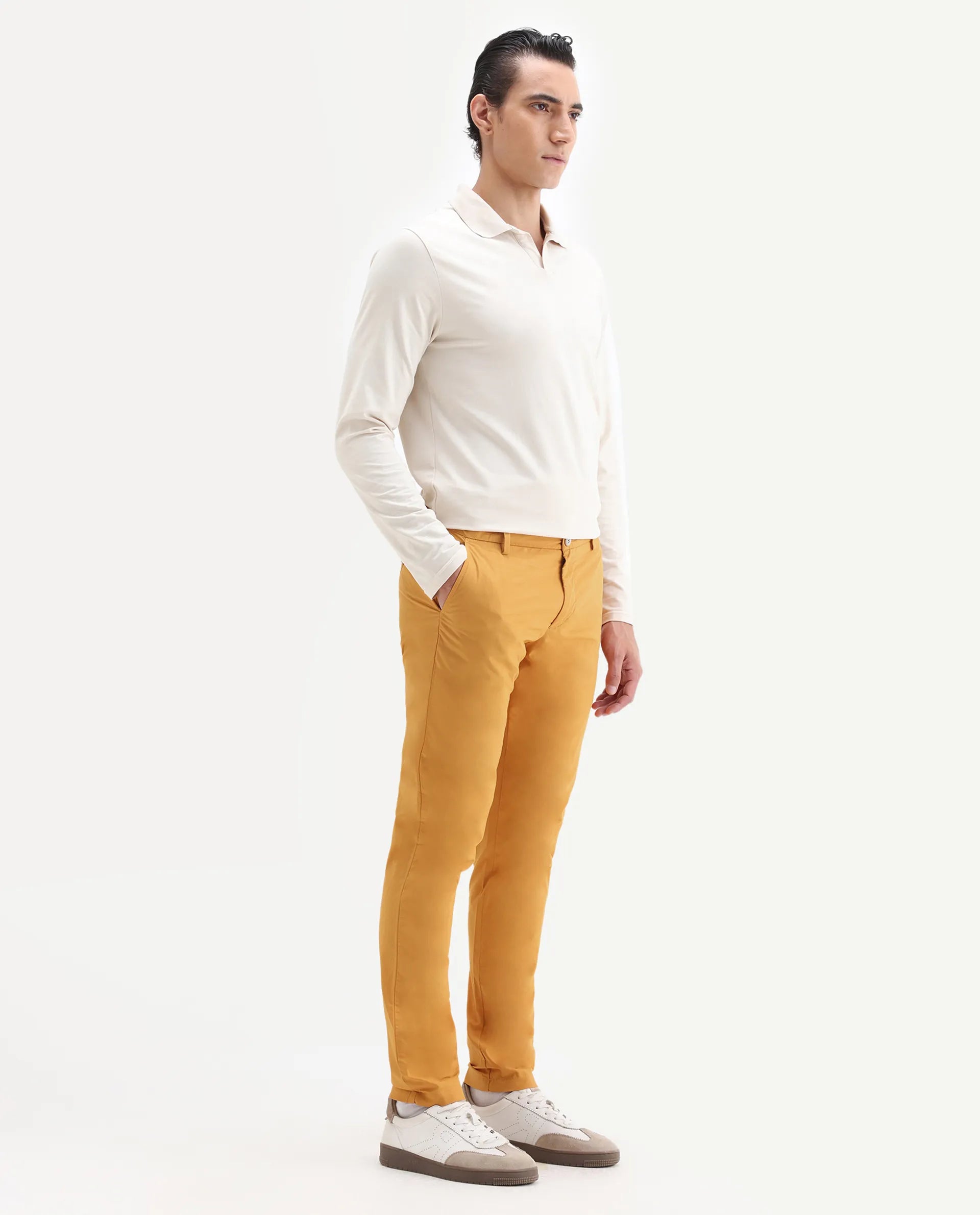 Rare Rabbit Men's Bake Mustard Cotton Plain Regular Fit Trouser