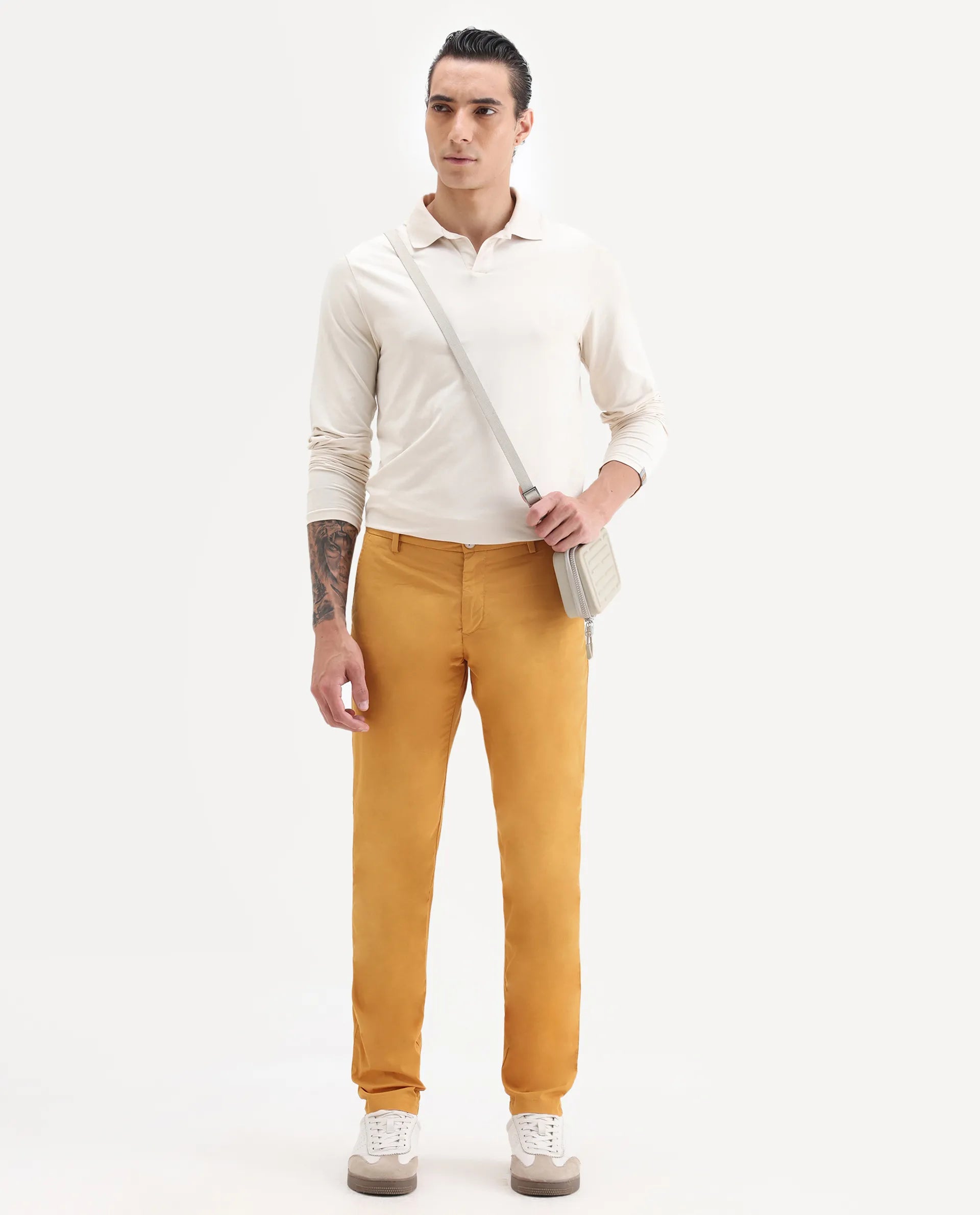 Rare Rabbit Men's Bake Mustard Cotton Plain Regular Fit Trouser