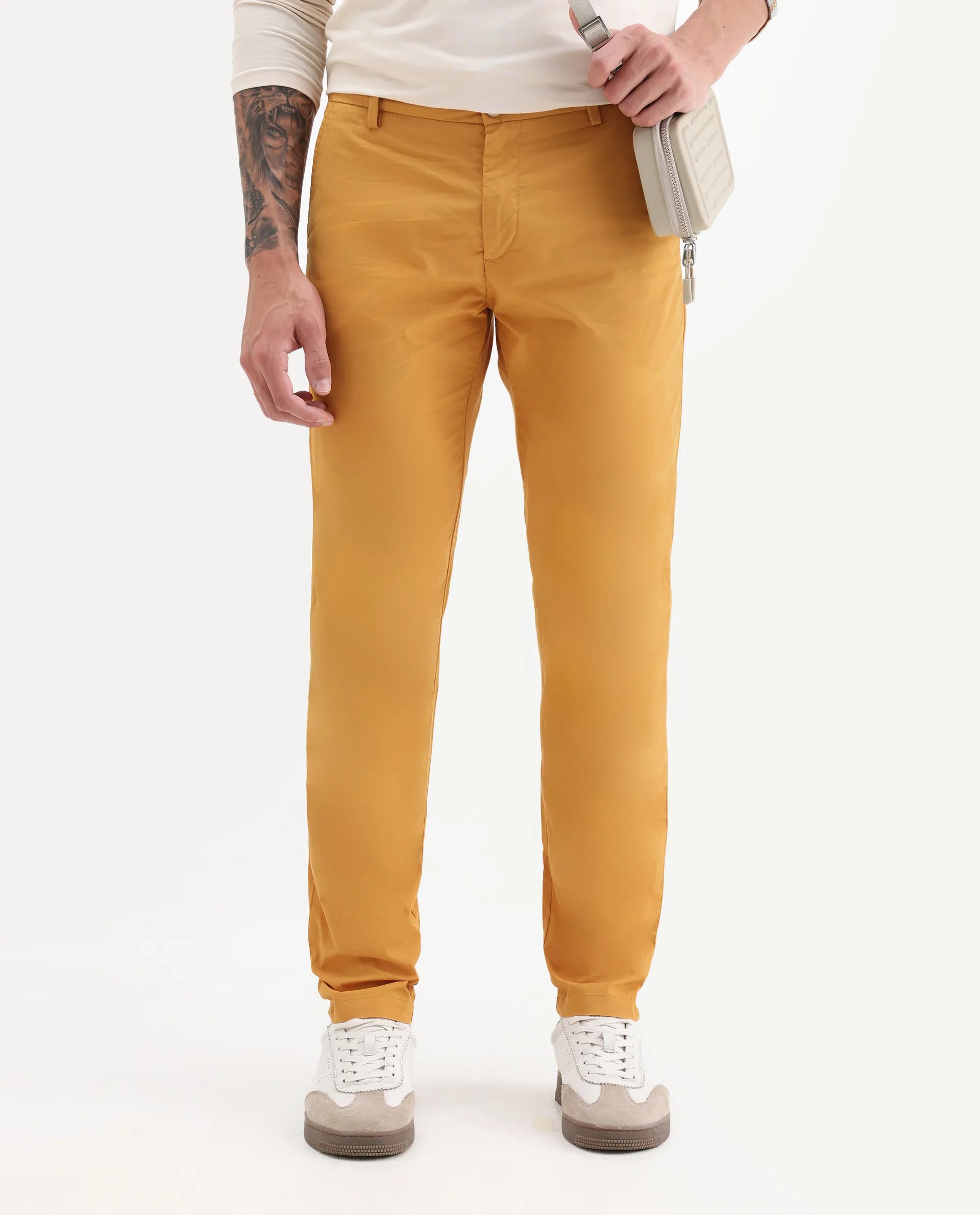 Rare Rabbit Men's Bake Mustard Cotton Plain Regular Fit Trouser