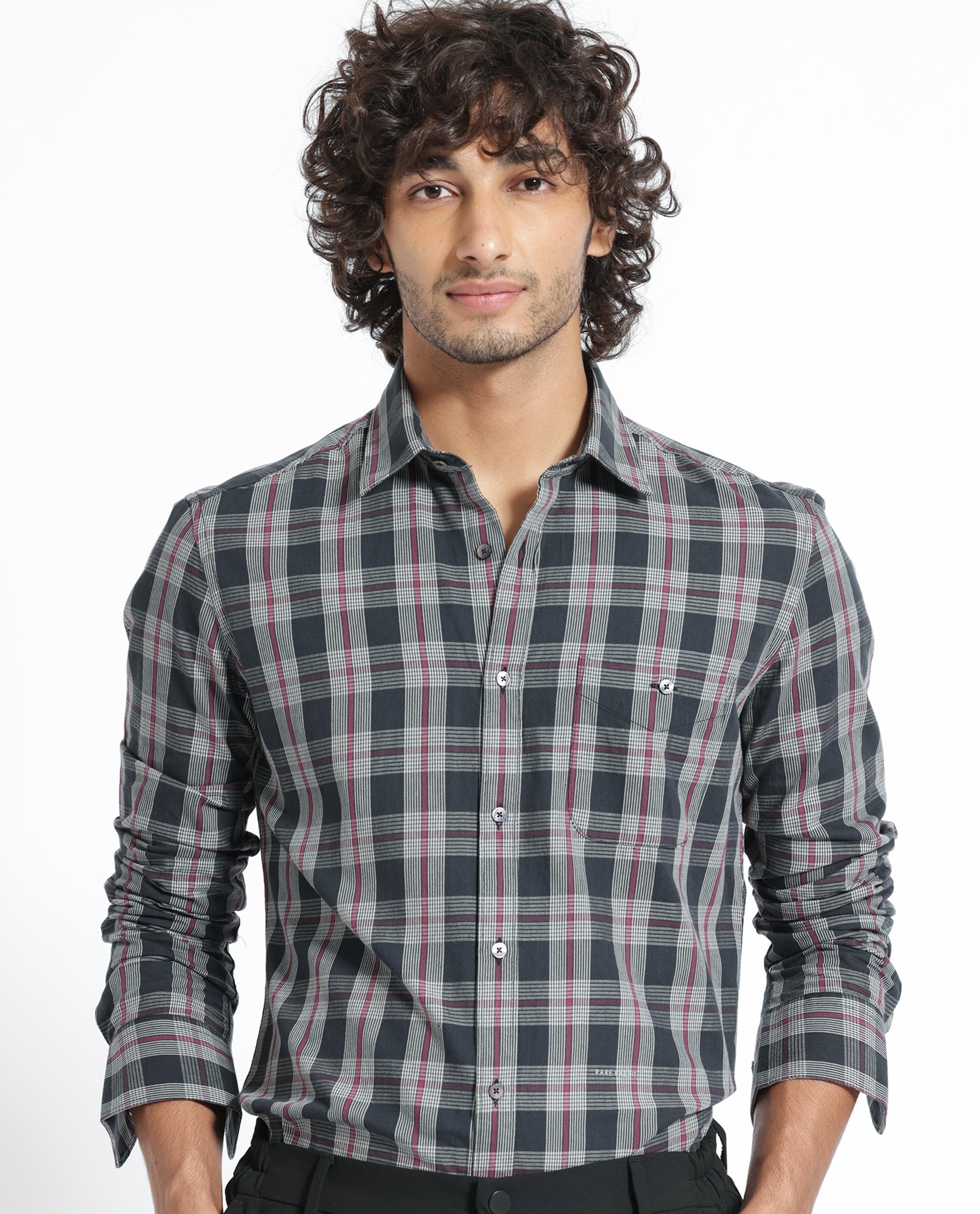 Rare Rabbit Men's Bale Black Cotton Checked Print Regular Fit Full Sleeve Collared Shirt