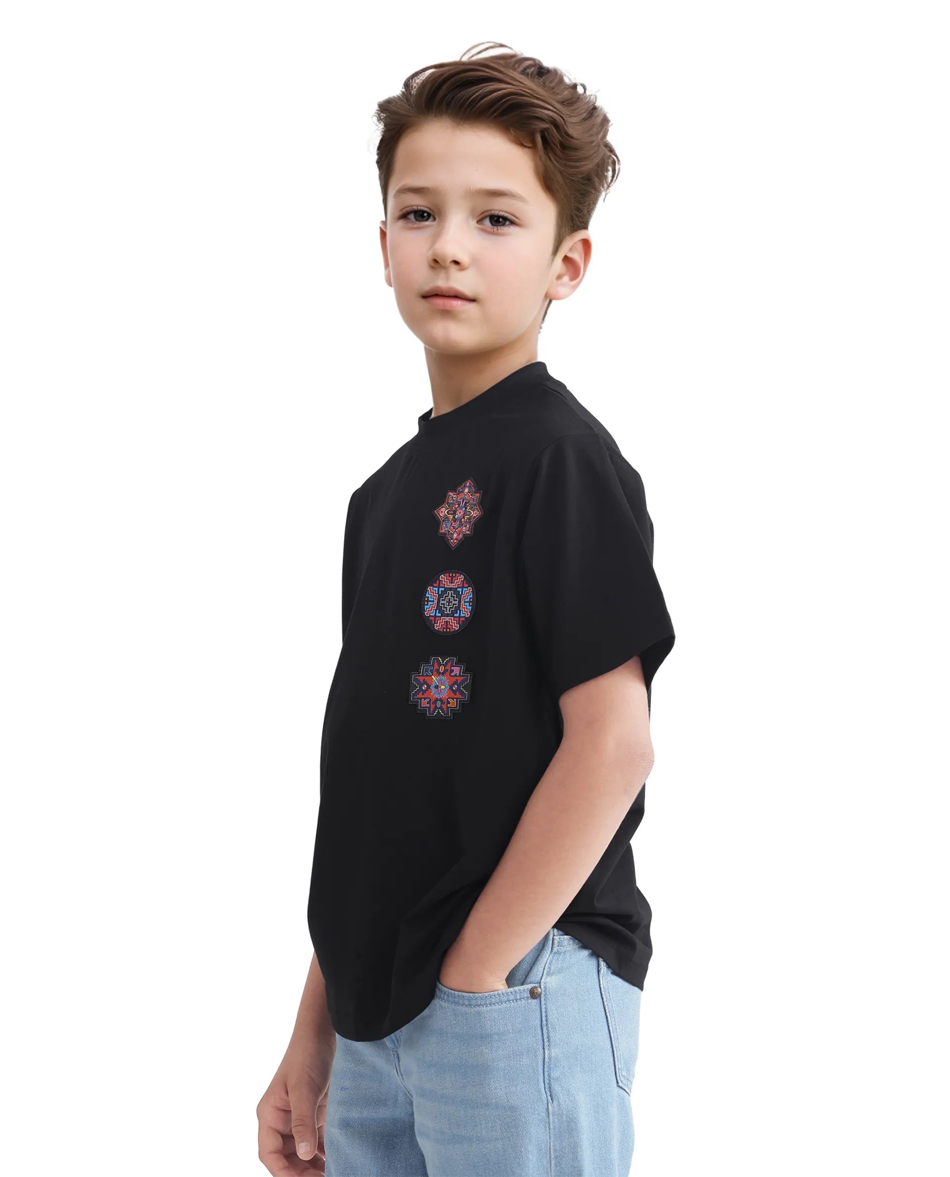 Rare Ones Kids Bale-K Black Cotton Blend Half Sleeve Slip-On Applique Regular Fit T-Shirt