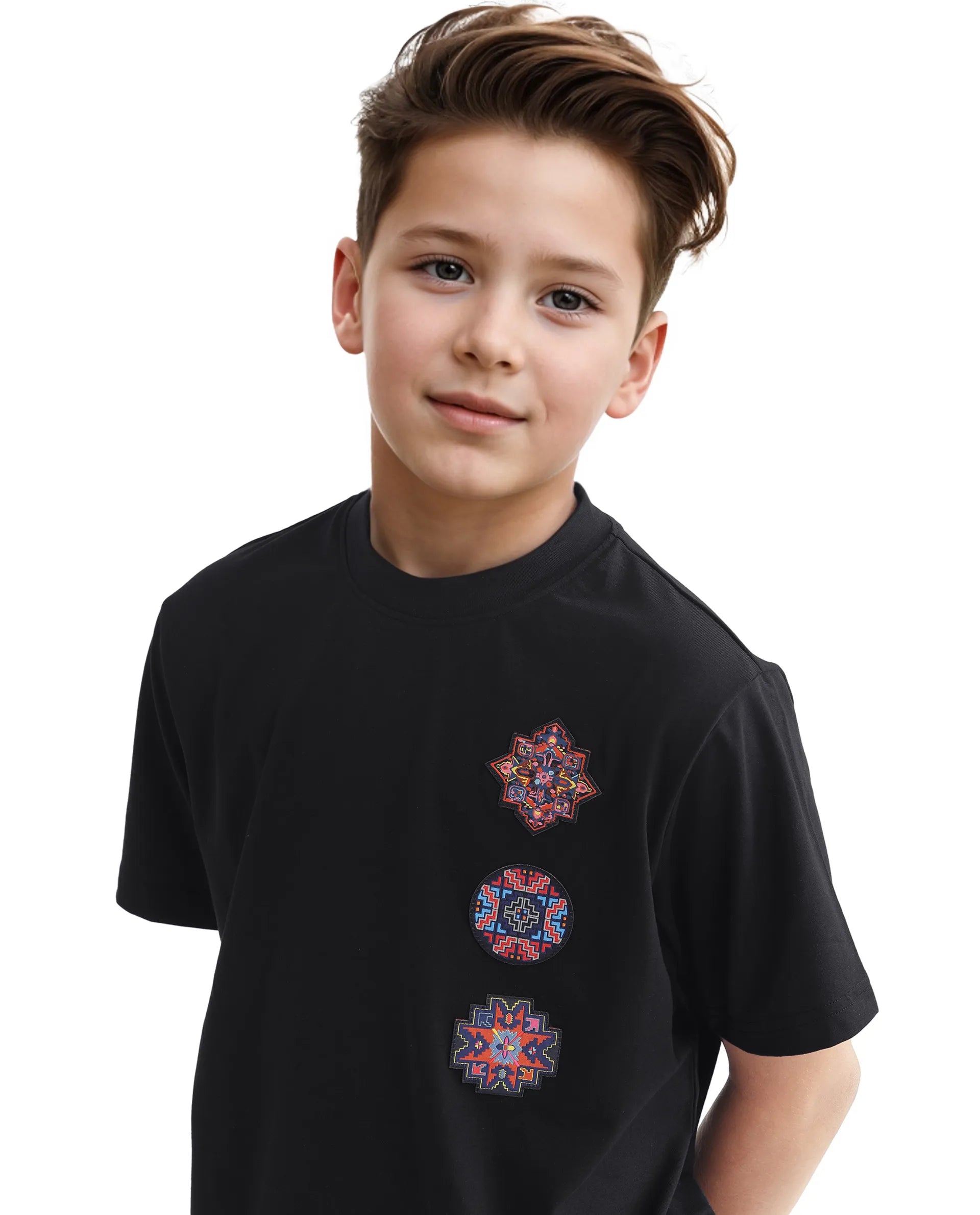 Rare Ones Kids Bale-K Black Cotton Blend Half Sleeve Slip-On Applique Regular Fit T-Shirt