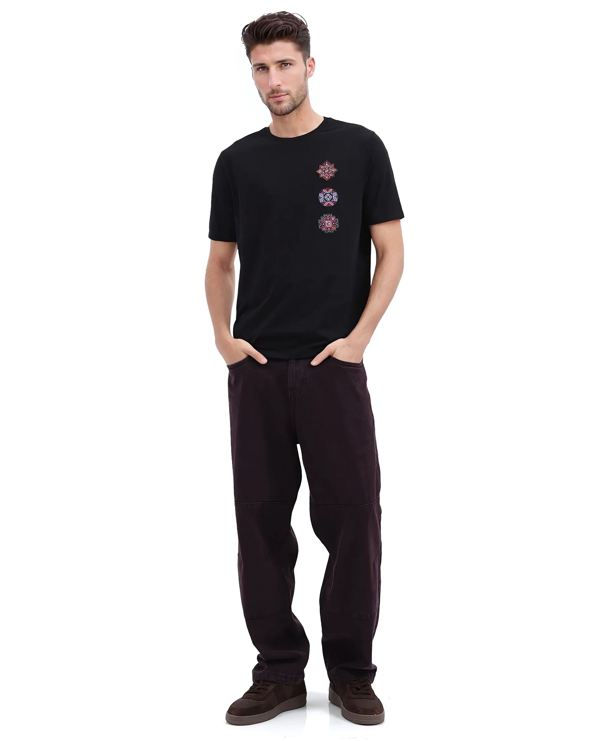 Rare Rabbit Men Bale Black Cotton Blend Fabric Short Sleeve Crew Neck Relaxed Fit Label T-Shirt