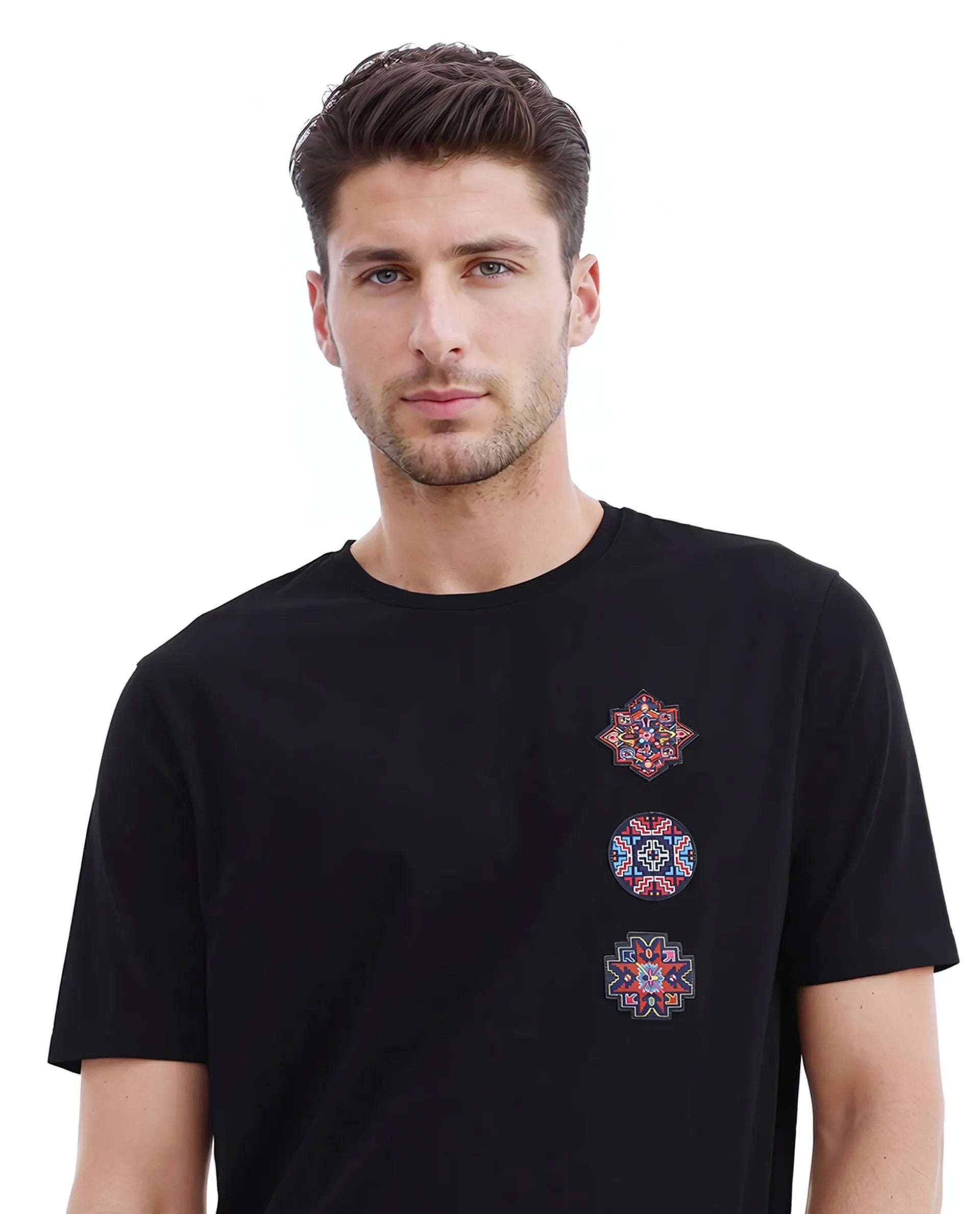 Rare Rabbit Men Bale Black Cotton Blend Fabric Short Sleeve Crew Neck Relaxed Fit Label T-Shirt